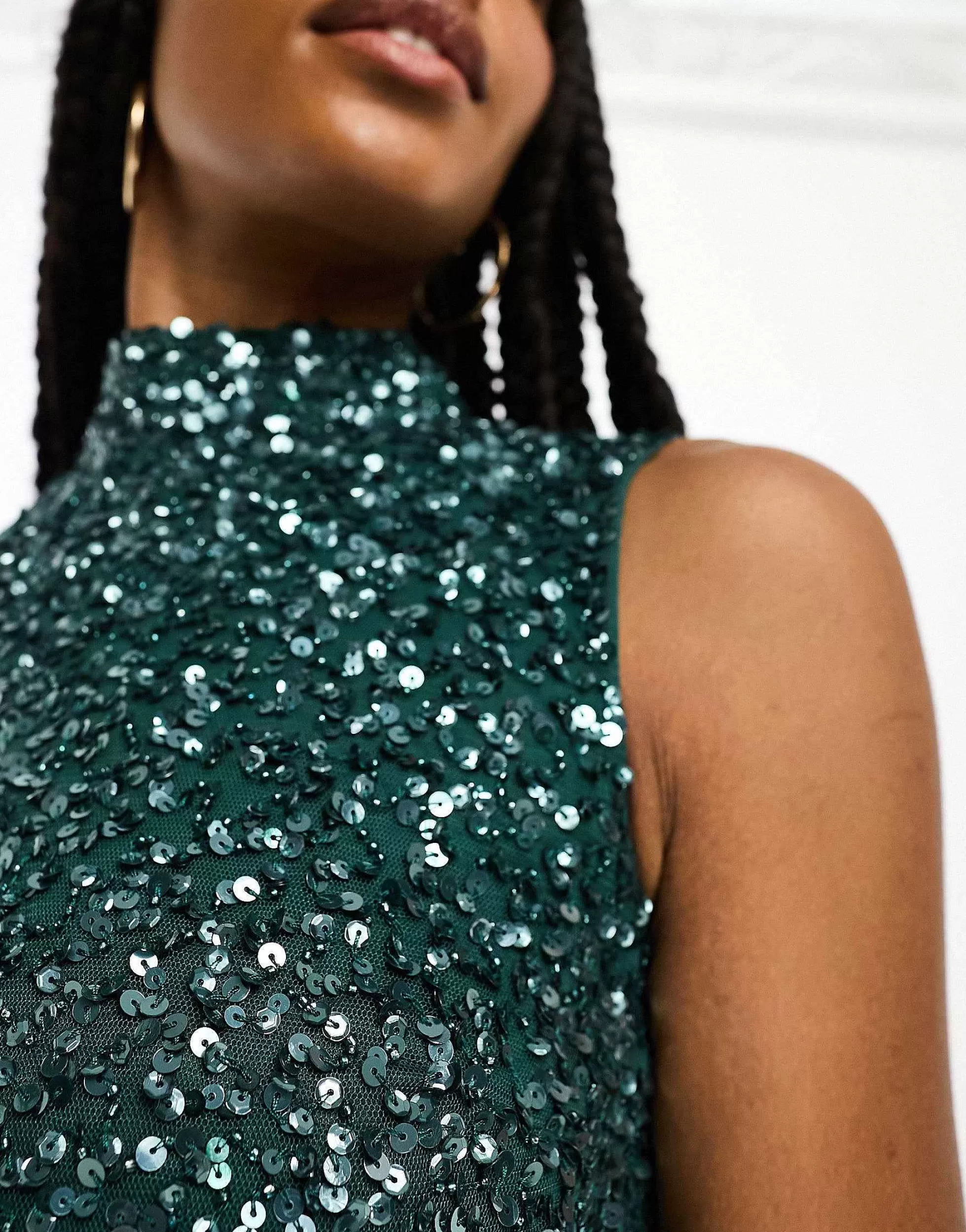 Women Maya Tall Bridesmaid High Neck Delicate Sequin Midi Dress In Emerald