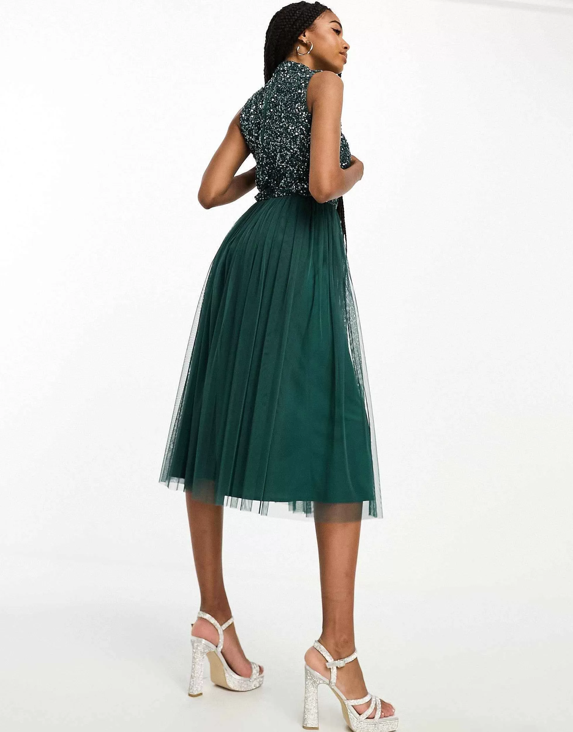 Women Maya Tall Bridesmaid High Neck Delicate Sequin Midi Dress In Emerald
