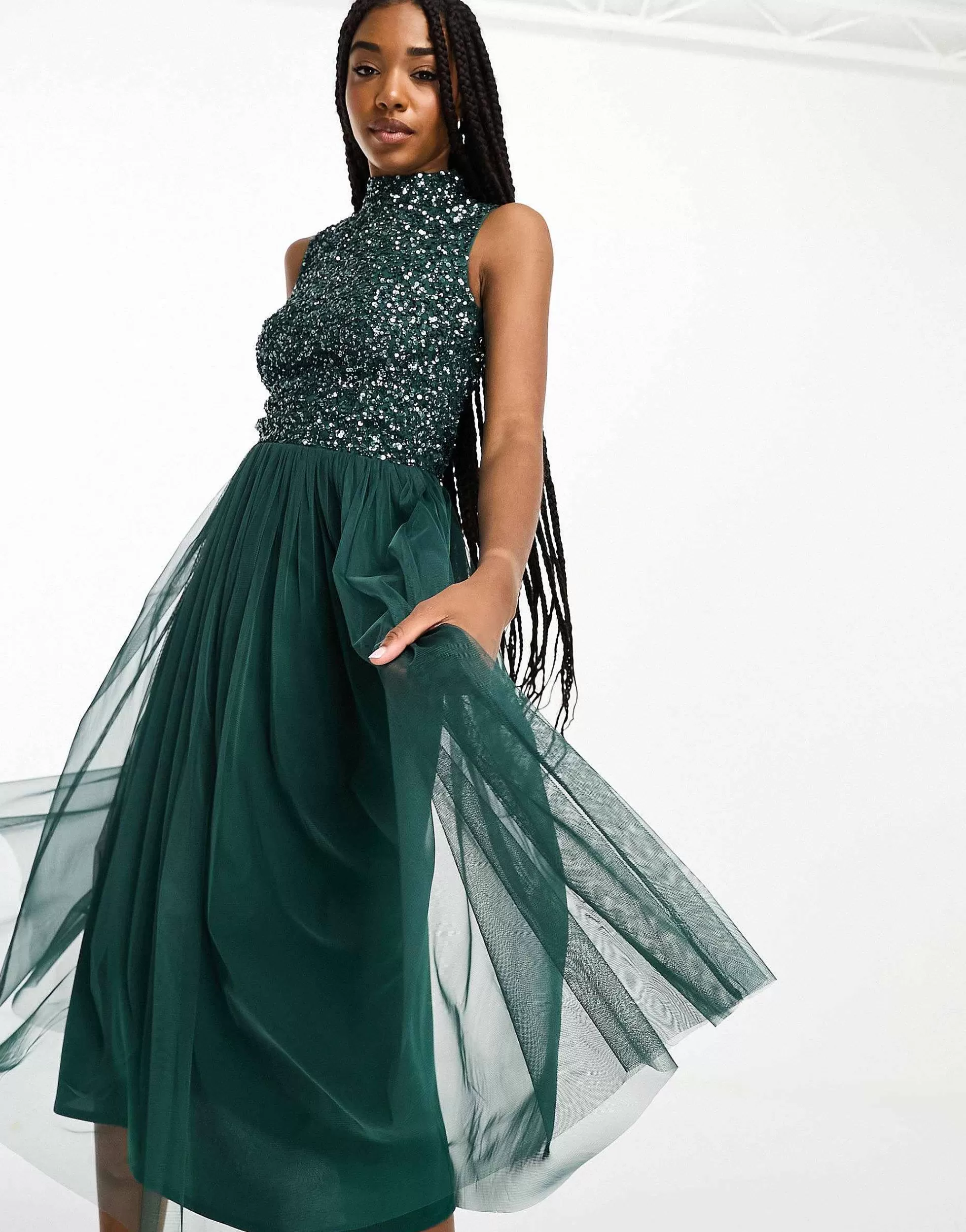 Women Maya Tall Bridesmaid High Neck Delicate Sequin Midi Dress In Emerald