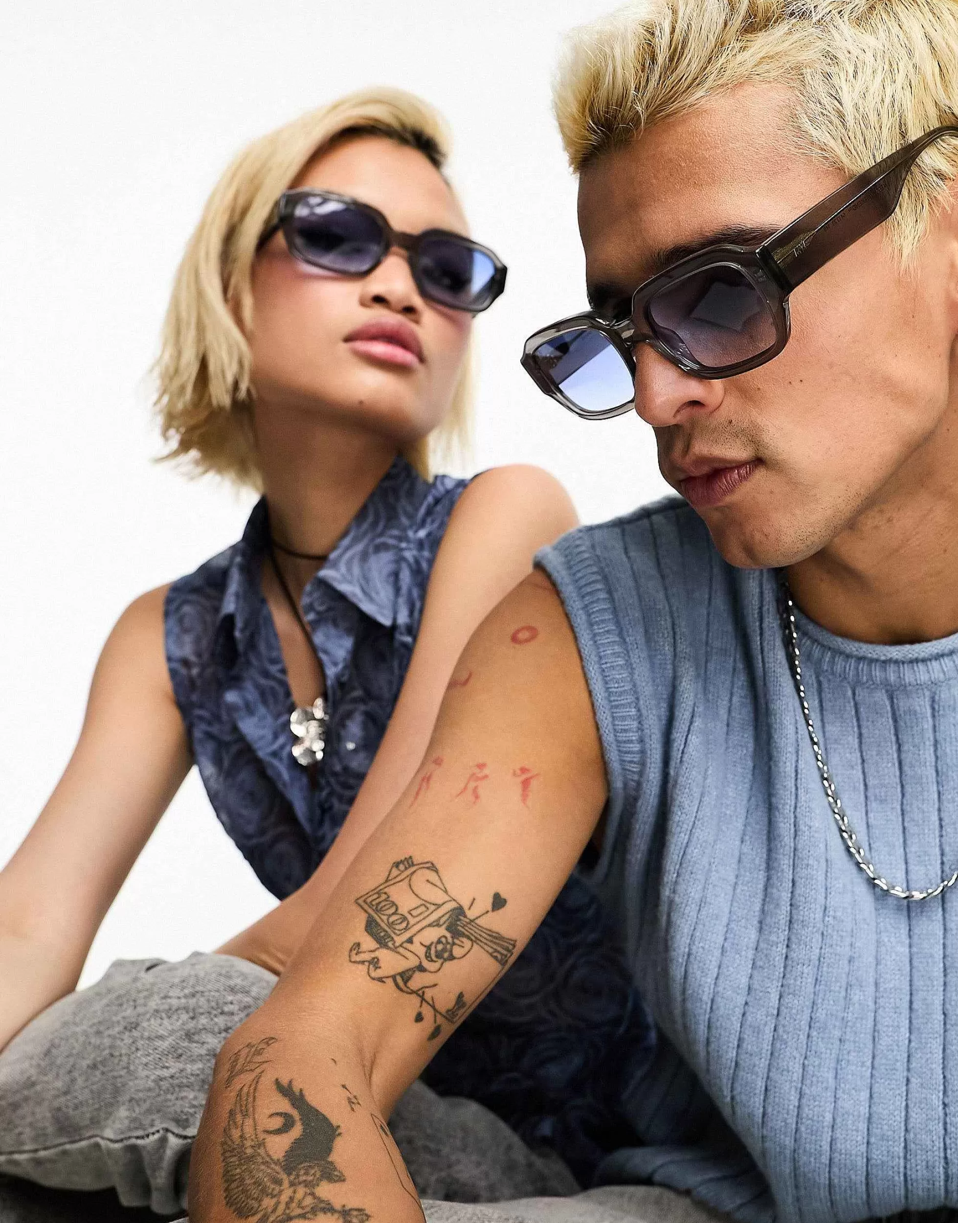 Men Messy Weekend Downey Square Sunglasses With Blue Lens In Transparent