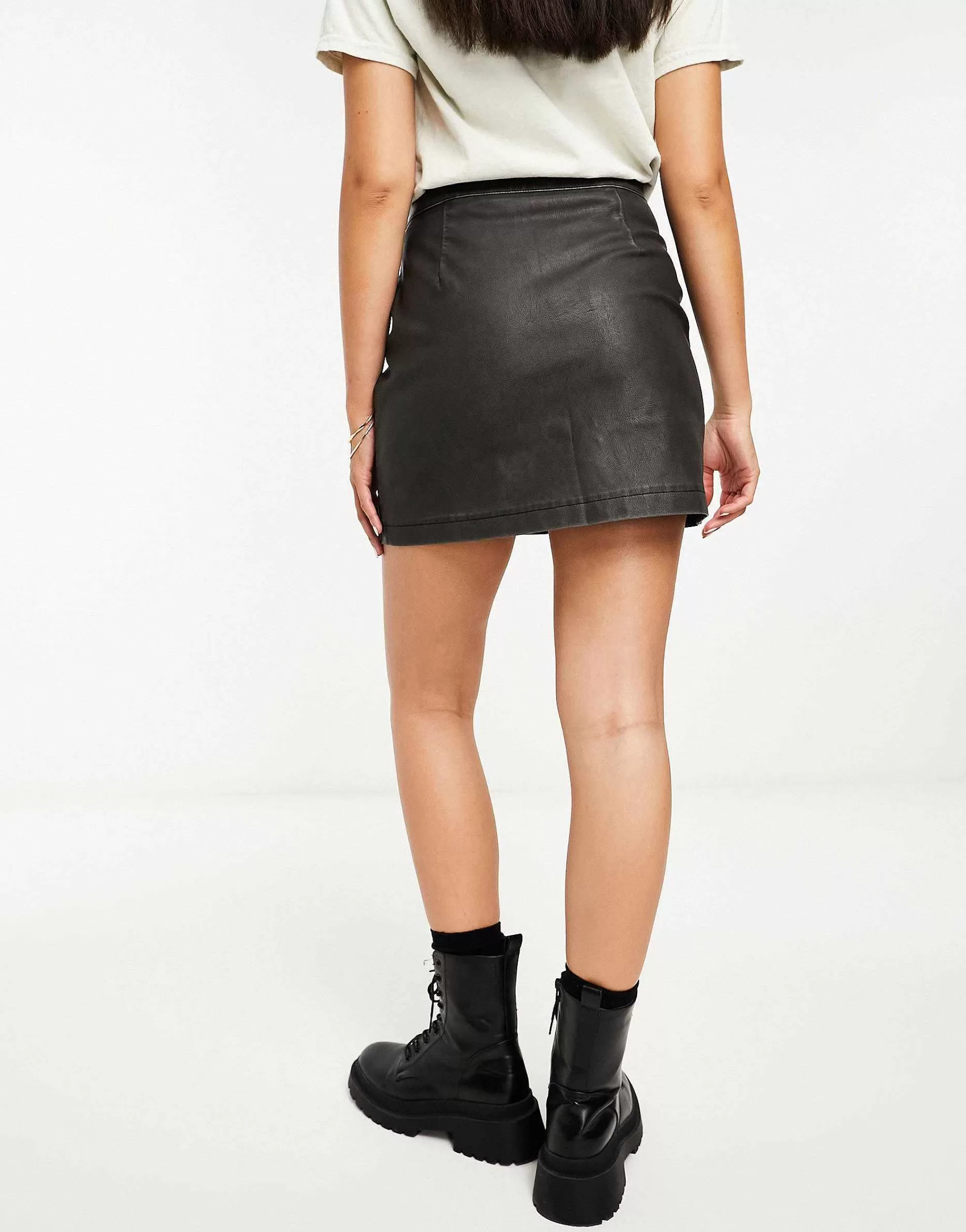 Women Miss Selfridge Washed Faux Leather Asym Zip Detail Mini Skirt In
