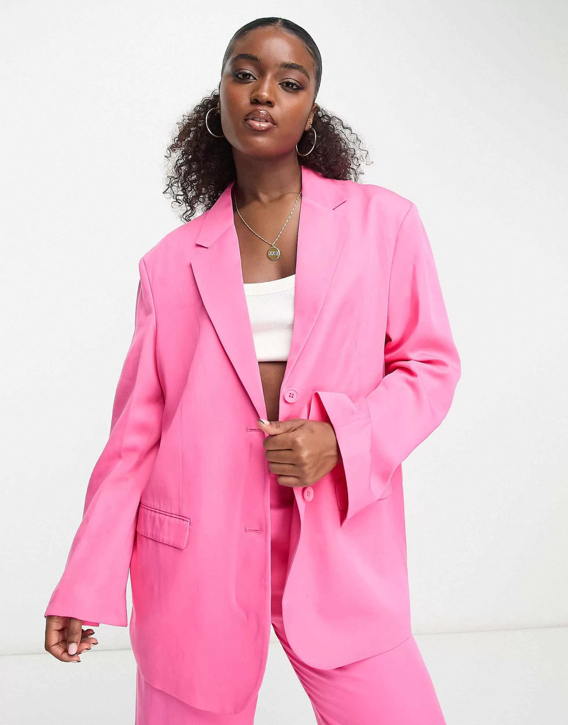 Women Monki Co-Ord Blazer And Tailored Trousers In Bright Pink
