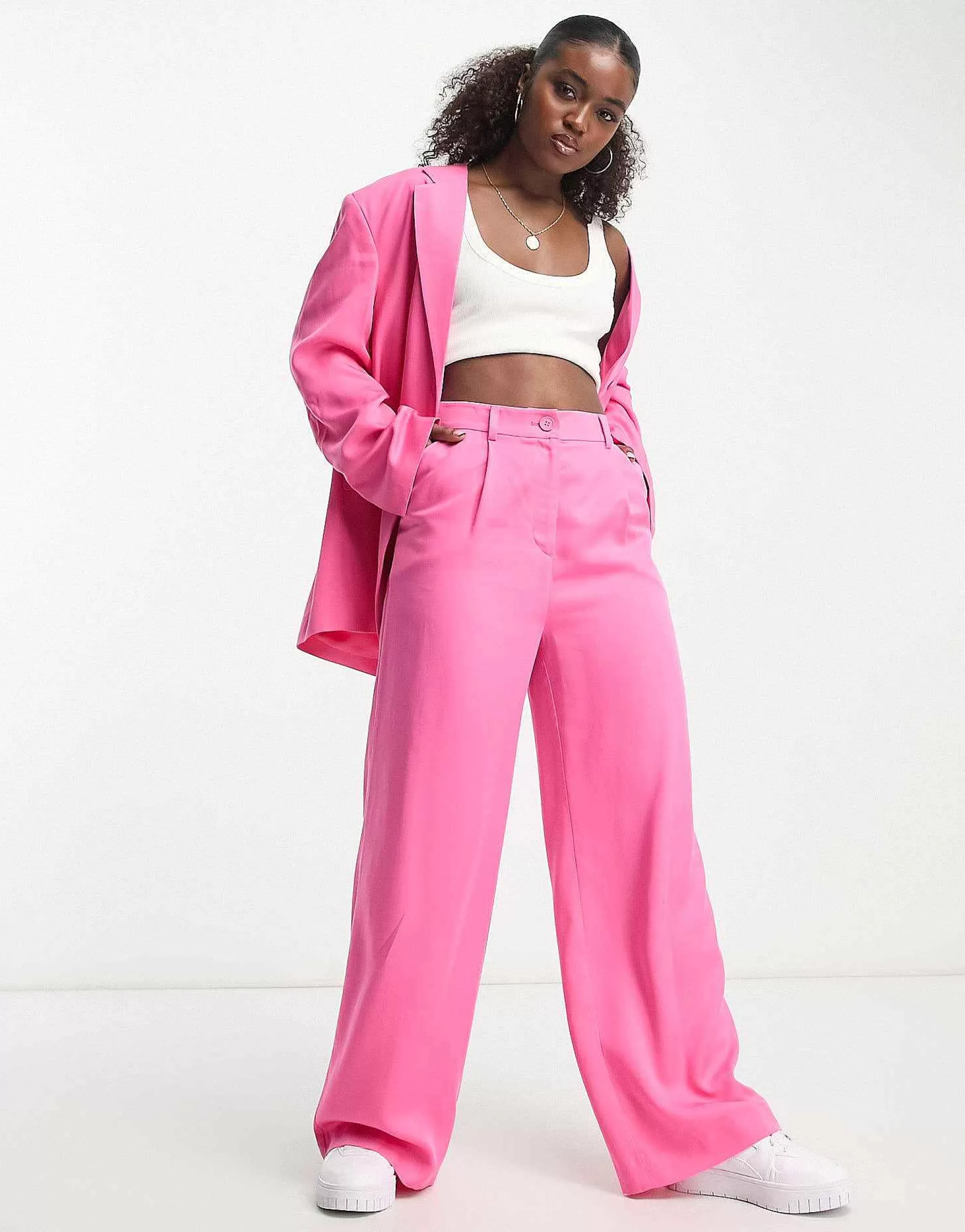 Women Monki Co-Ord Blazer And Tailored Trousers In Bright Pink
