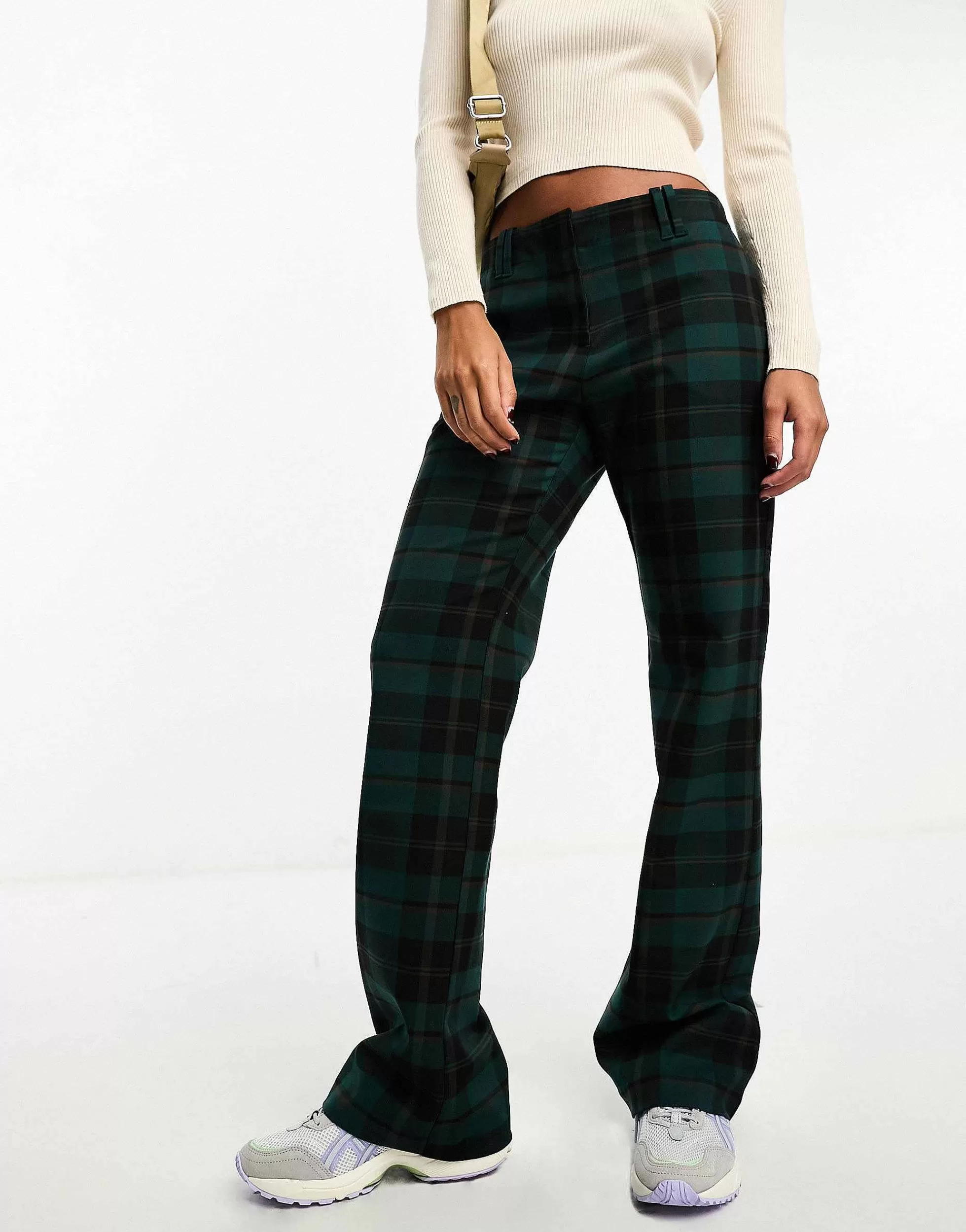 Women Monki Tailored Trousers In Green And Black Check