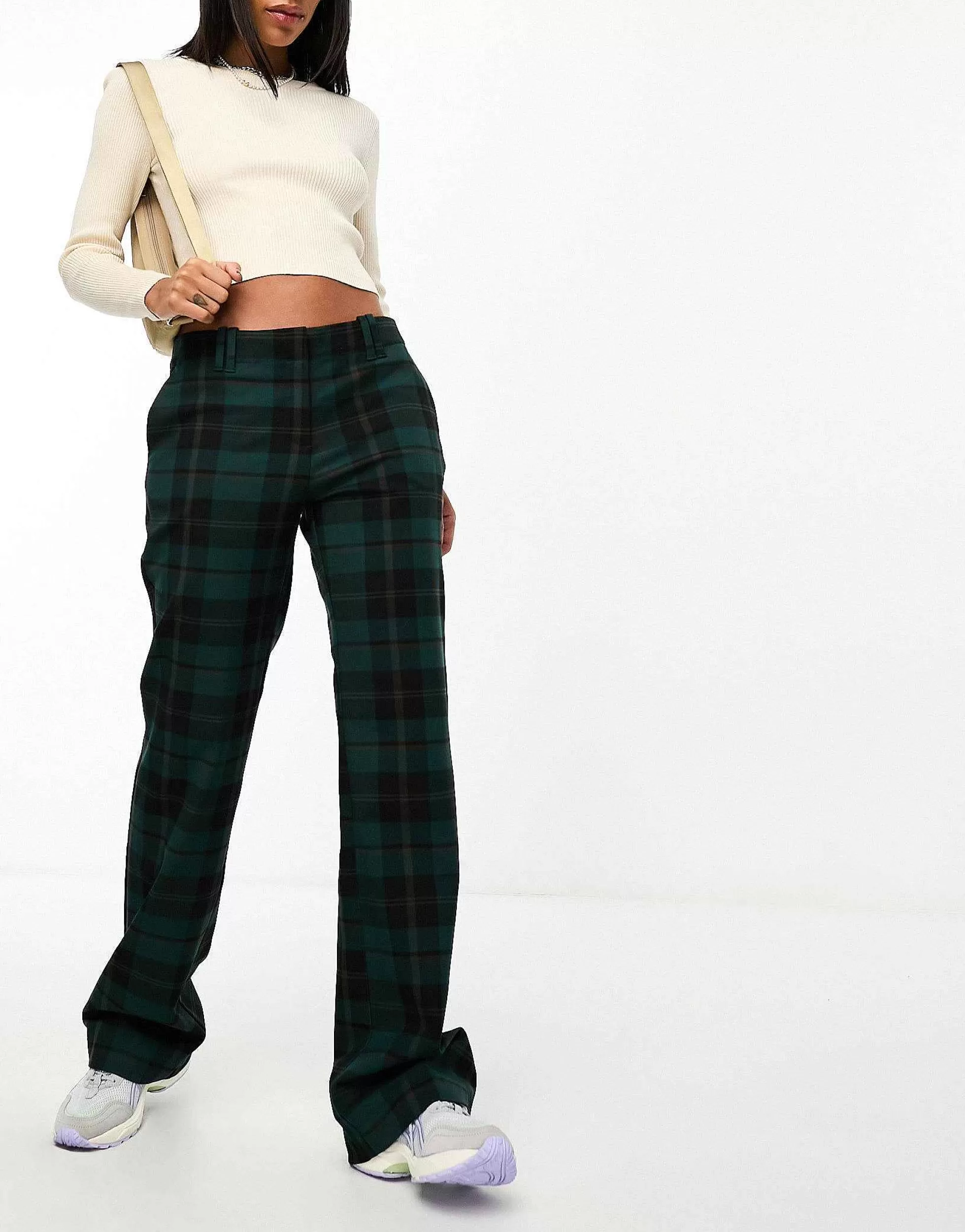 Women Monki Tailored Trousers In Green And Black Check