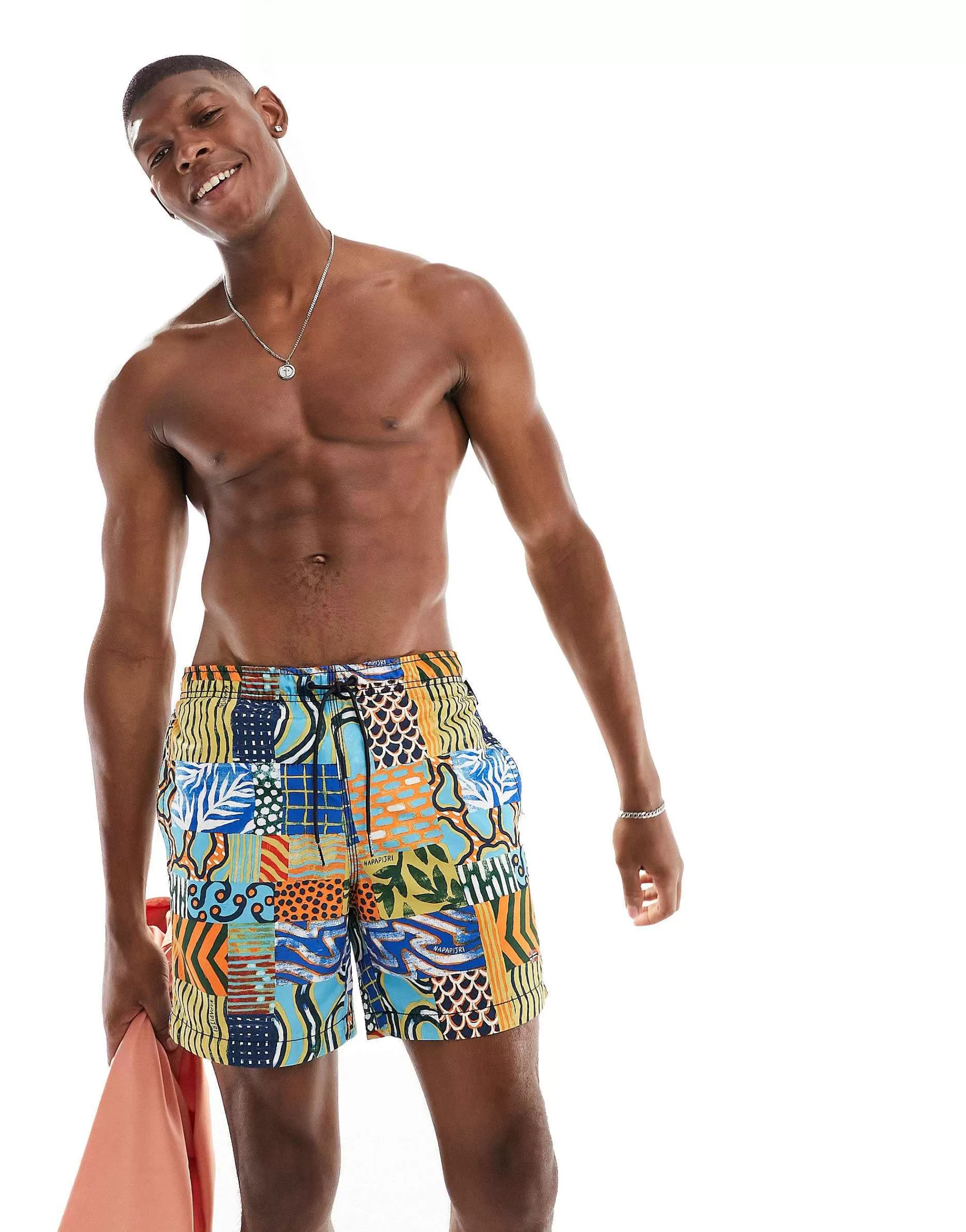 Men Napapijri Vail Woven Printed Swim Shorts In Patchwork Print