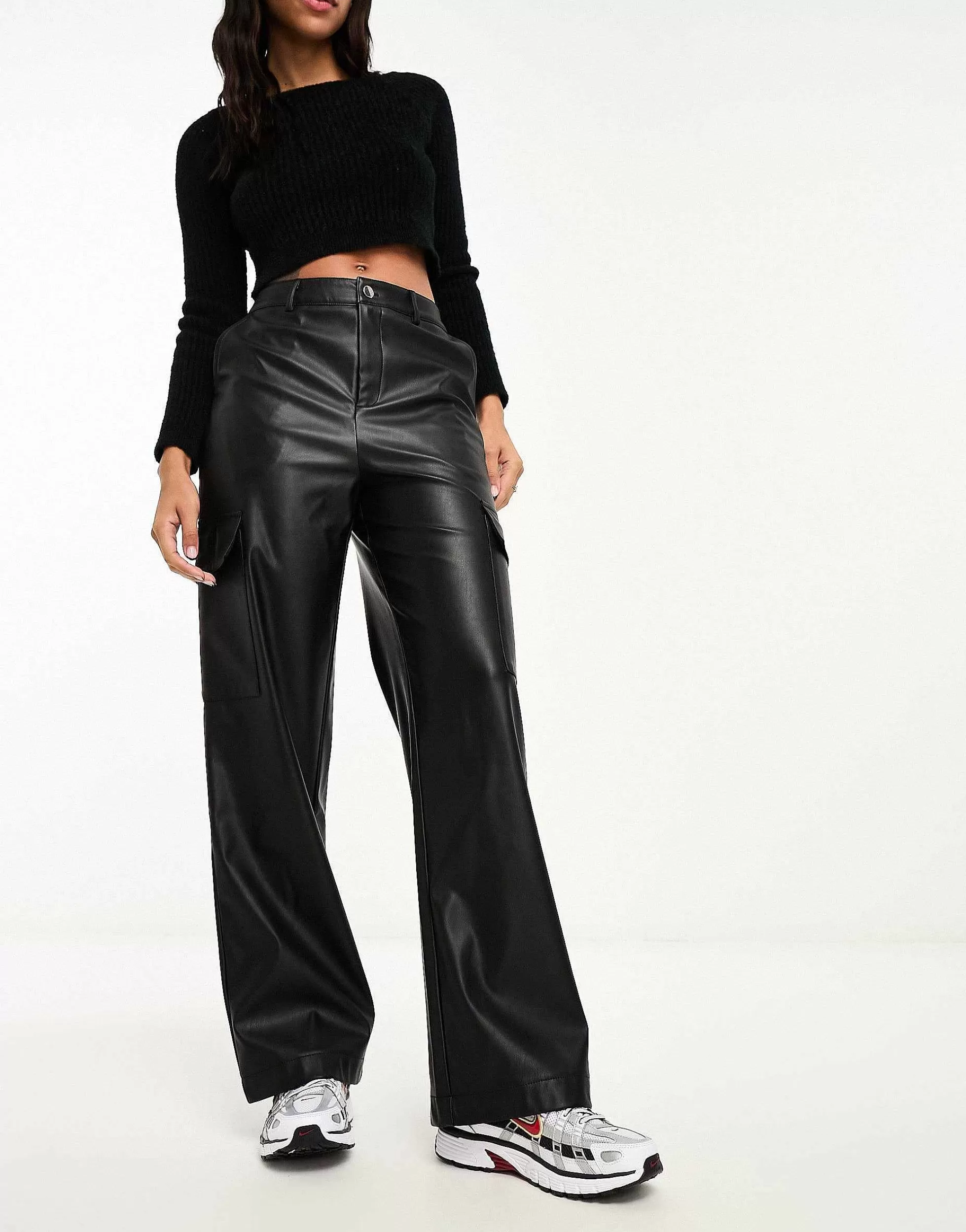 Women New Look Faux Leather Cargo Trousers In