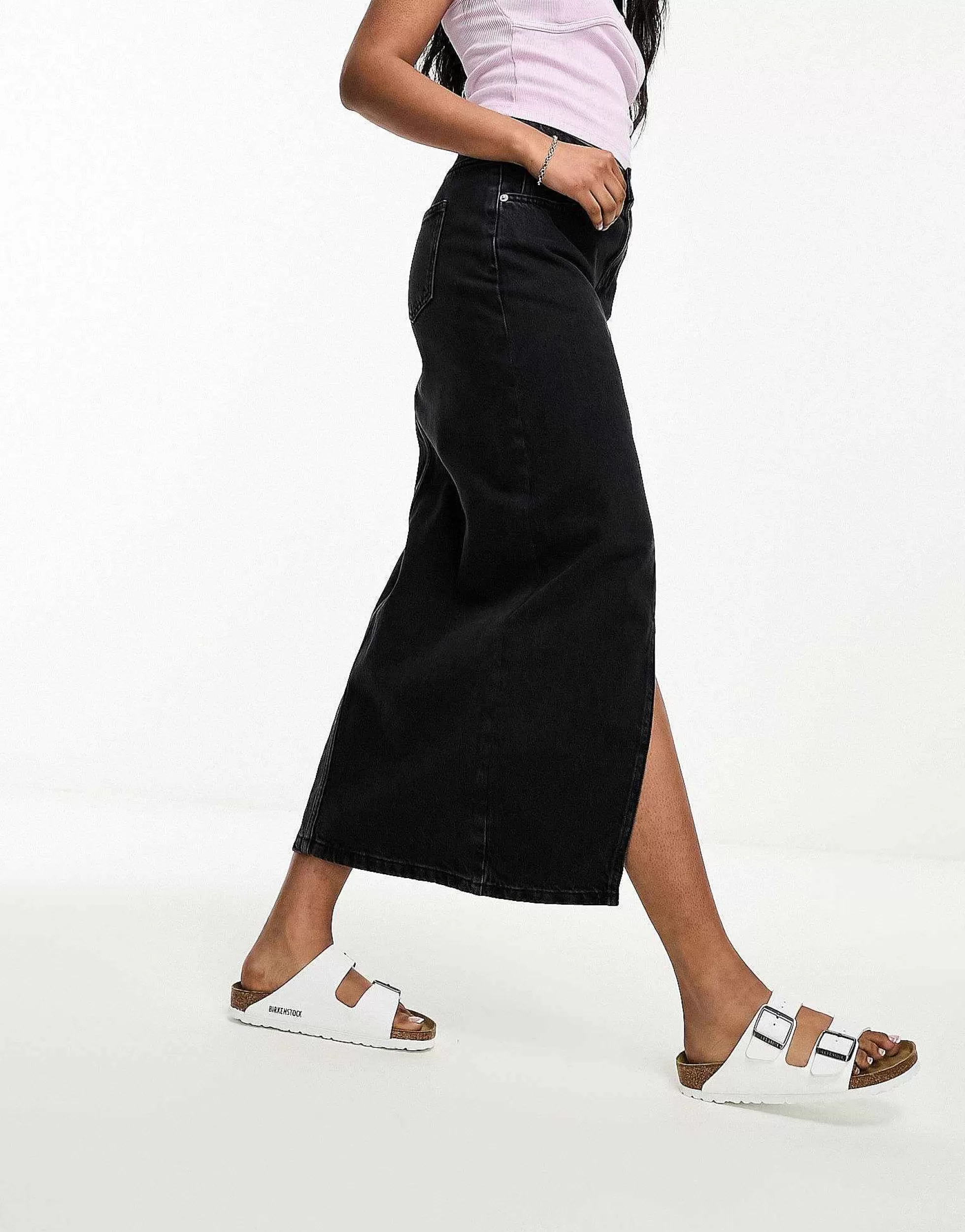 Women New Look Split Front Denim Maxi Skirt In Wash
