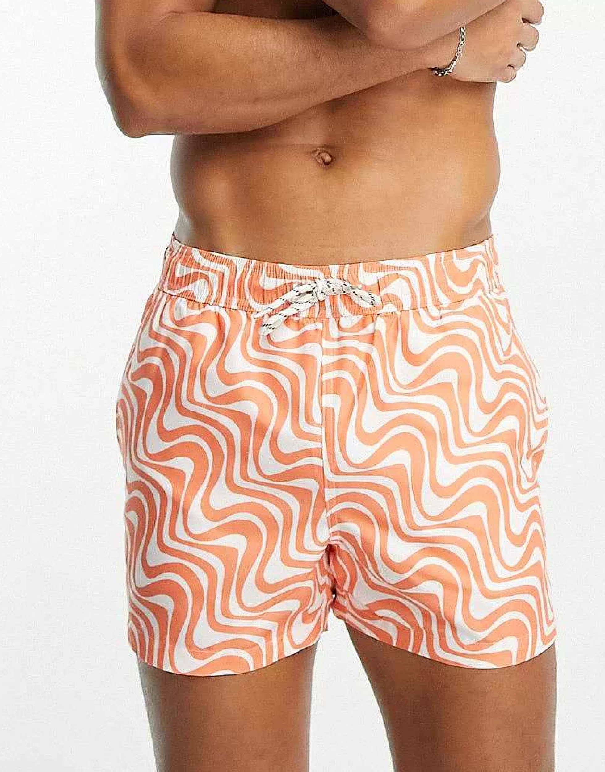 Men New Look Wave Print Swim Shorts In Orange