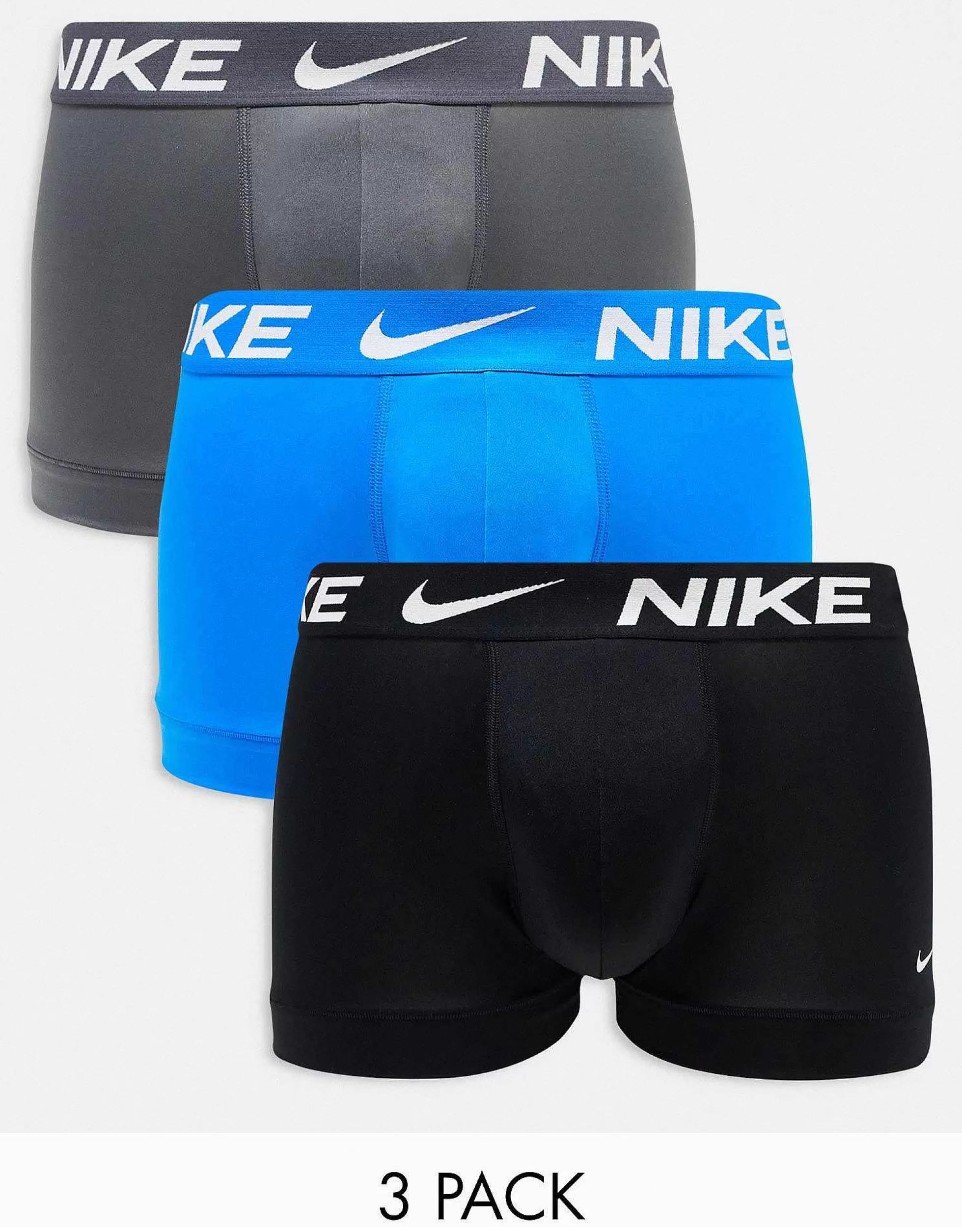 Men Nike 3 Pack Dri-Fit Microfibre Trunks In Blue Grey And Black