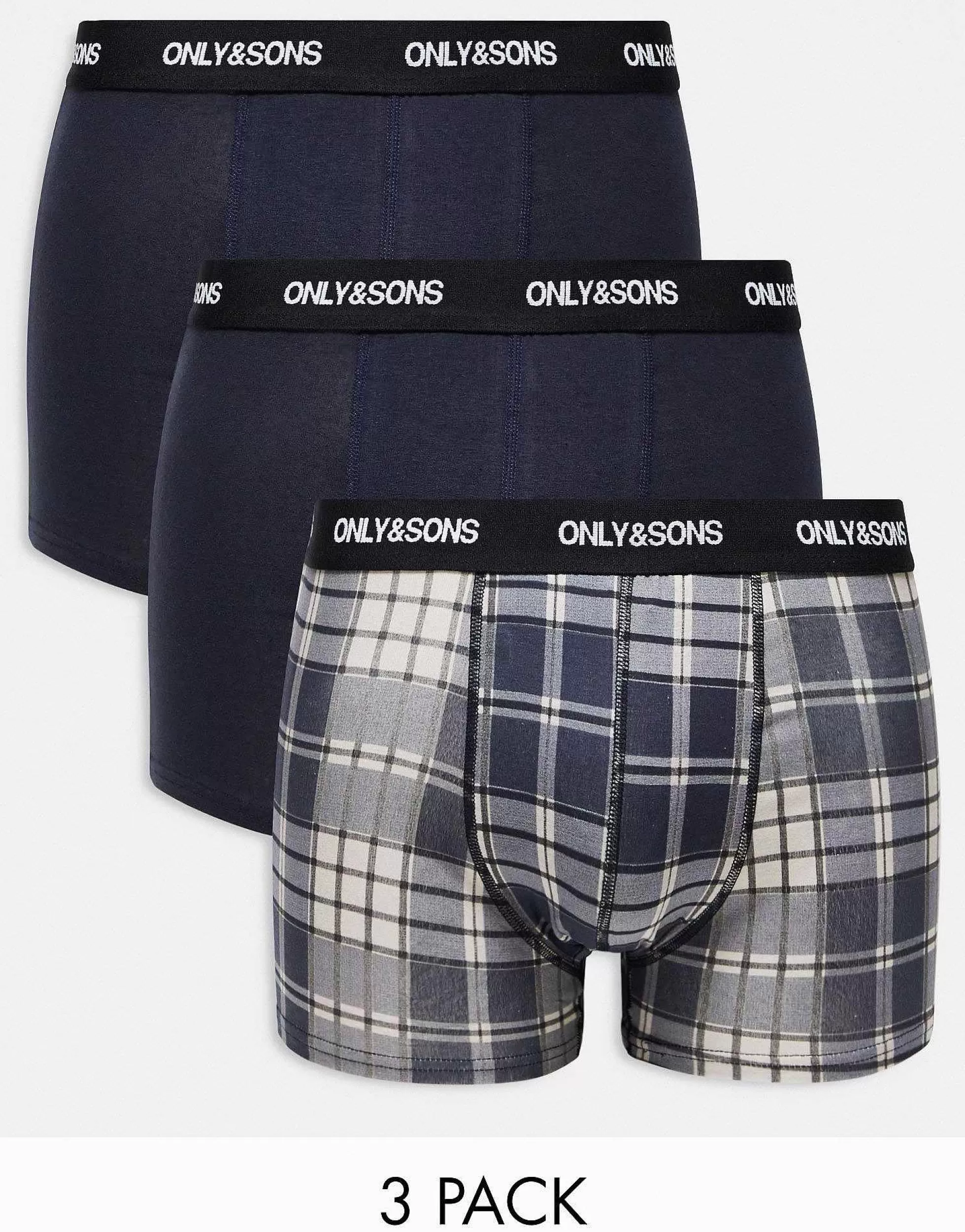 Men ONLY & SONS 3 Pack Trunks In Navy Check