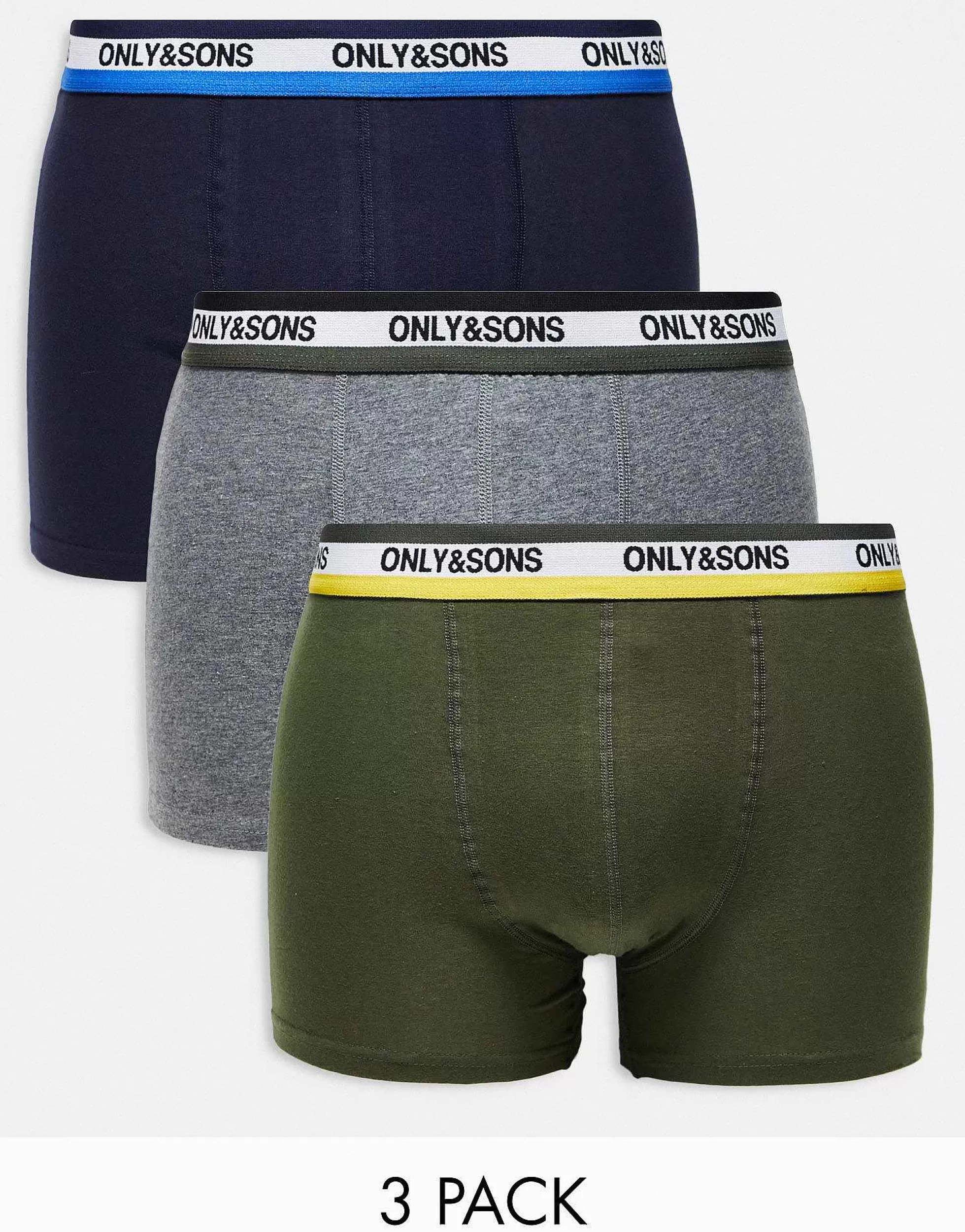 Men ONLY & SONS 3 Pack Trunks With Contrast Waistband In Multi