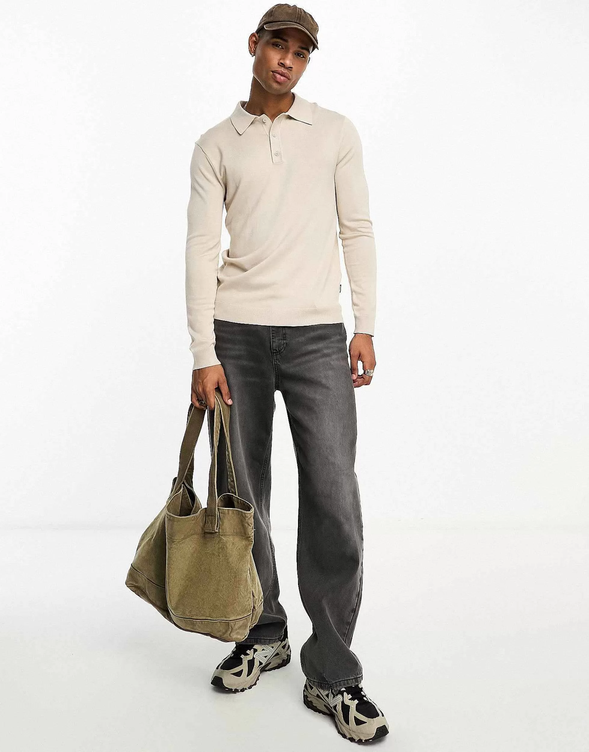 Men ONLY & SONS Longsleeve Knitted Polo In Beige