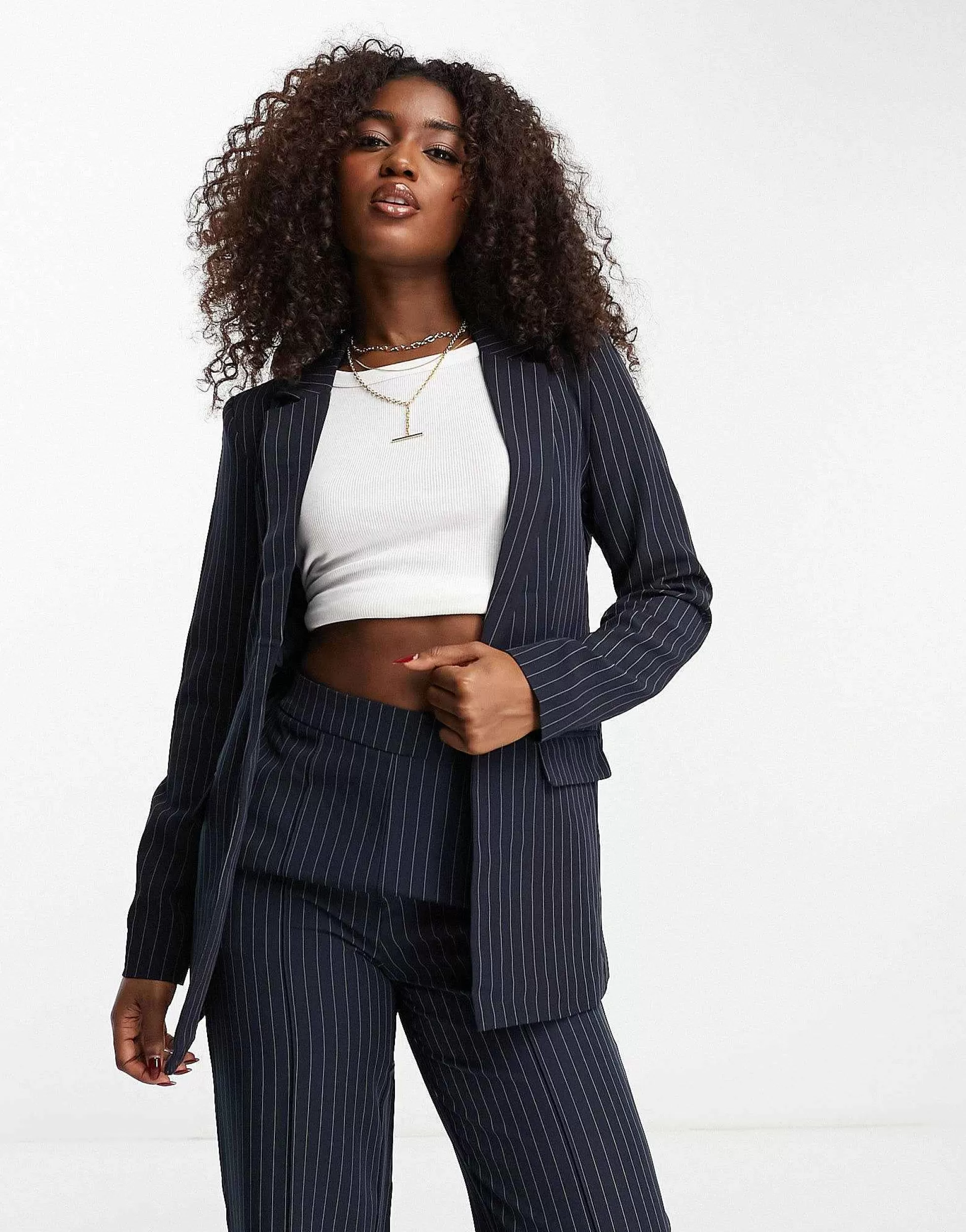 Women Pieces Tailored Blazer And Straight Leg Trouser In Navy Pinstripe