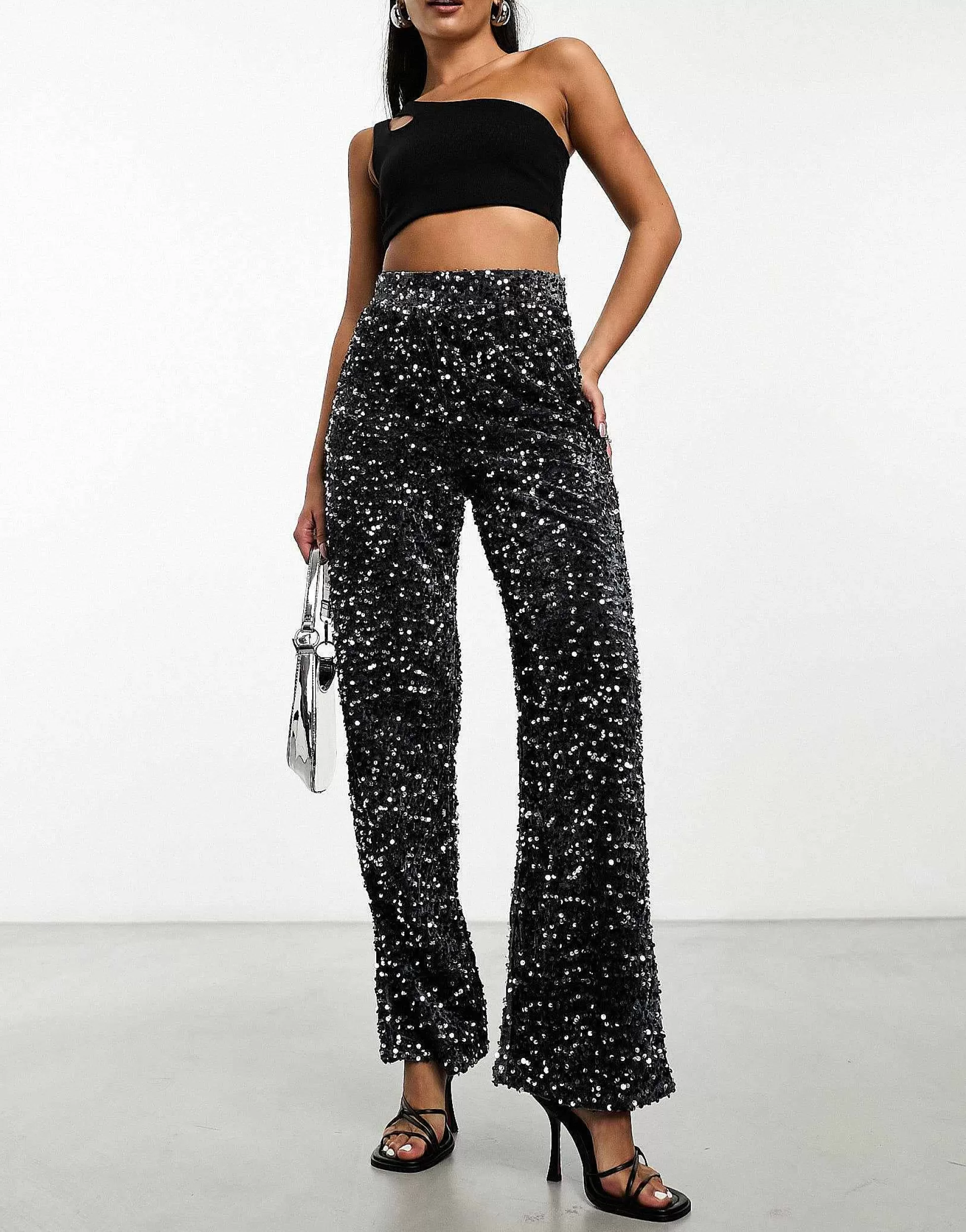 Women Pieces Velour & Sequin Wide Leg Trousers In