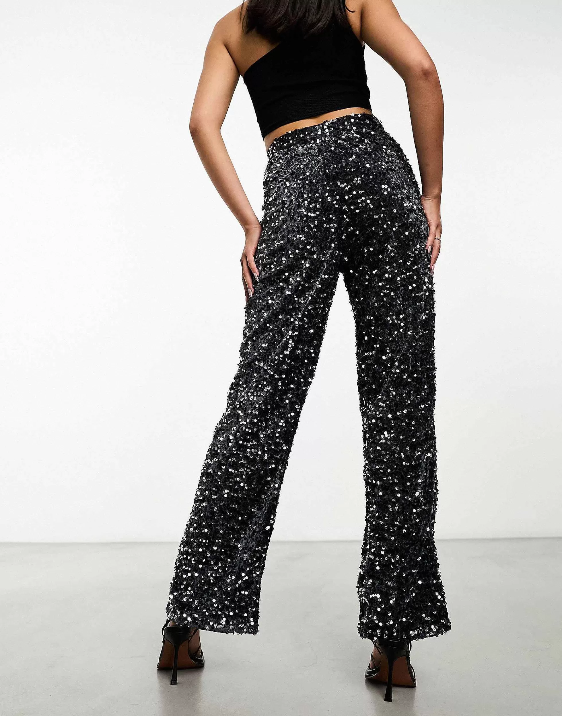 Women Pieces Velour & Sequin Wide Leg Trousers In