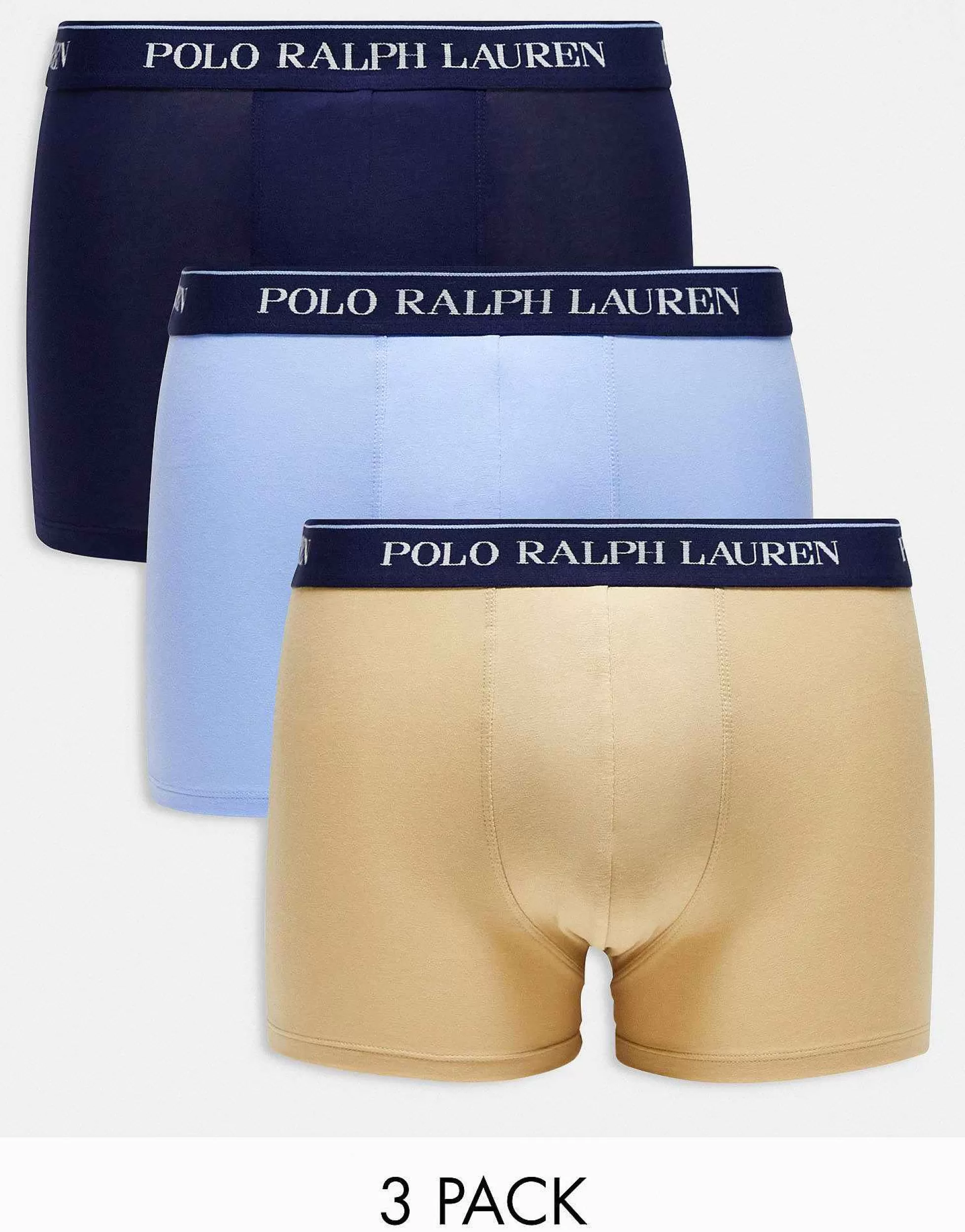 Men Polo Ralph Lauren 3 Pack Trunks In Navy Tan And Blue With Logo