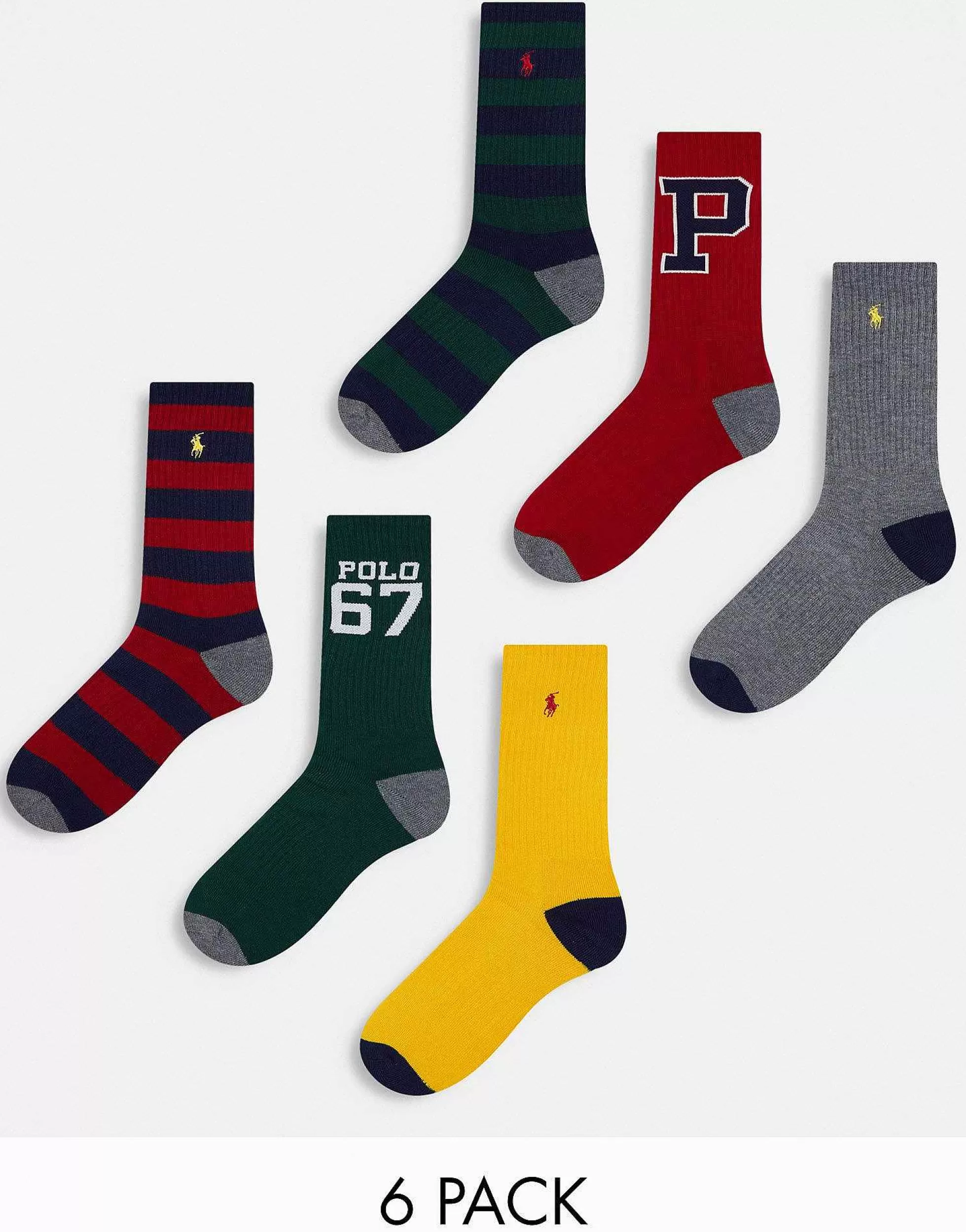 Men Polo Ralph Lauren 6 Pack Sport Socks With Pony Logo In Grey Red With Logo