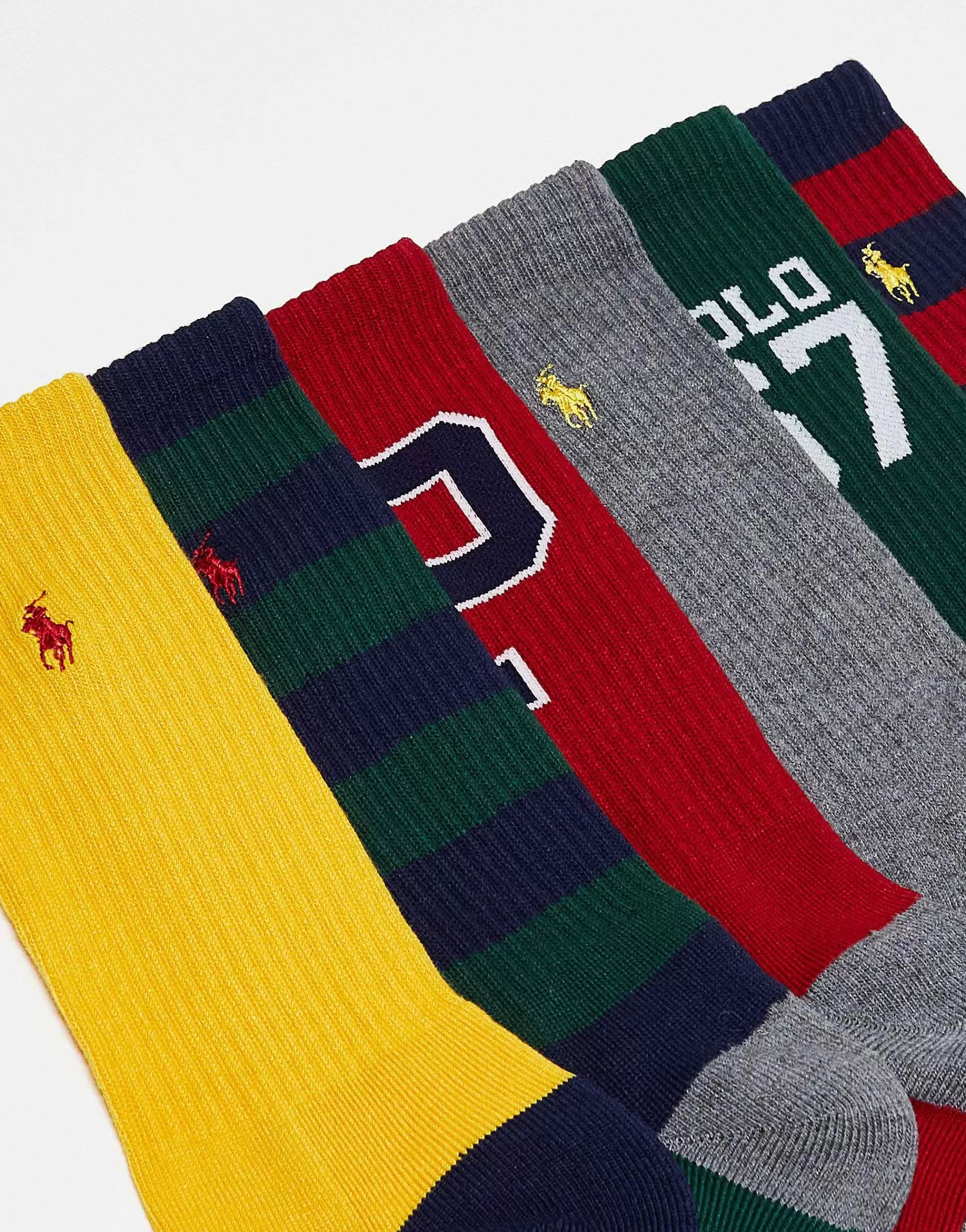 Men Polo Ralph Lauren 6 Pack Sport Socks With Pony Logo In Grey Red With Logo