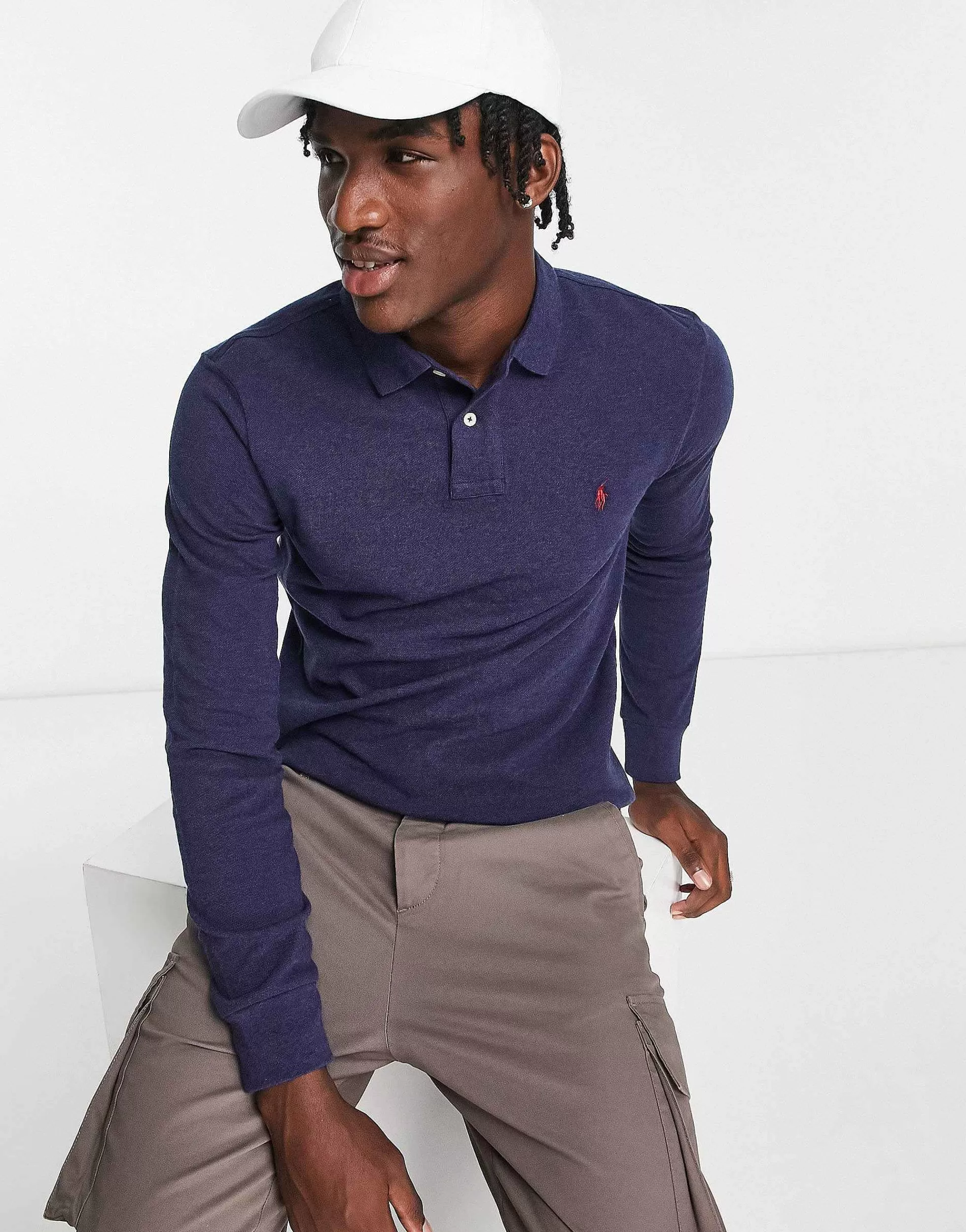 Men Polo Ralph Lauren Icon Logo Slim Fit Long Sleeve Pique Polo In