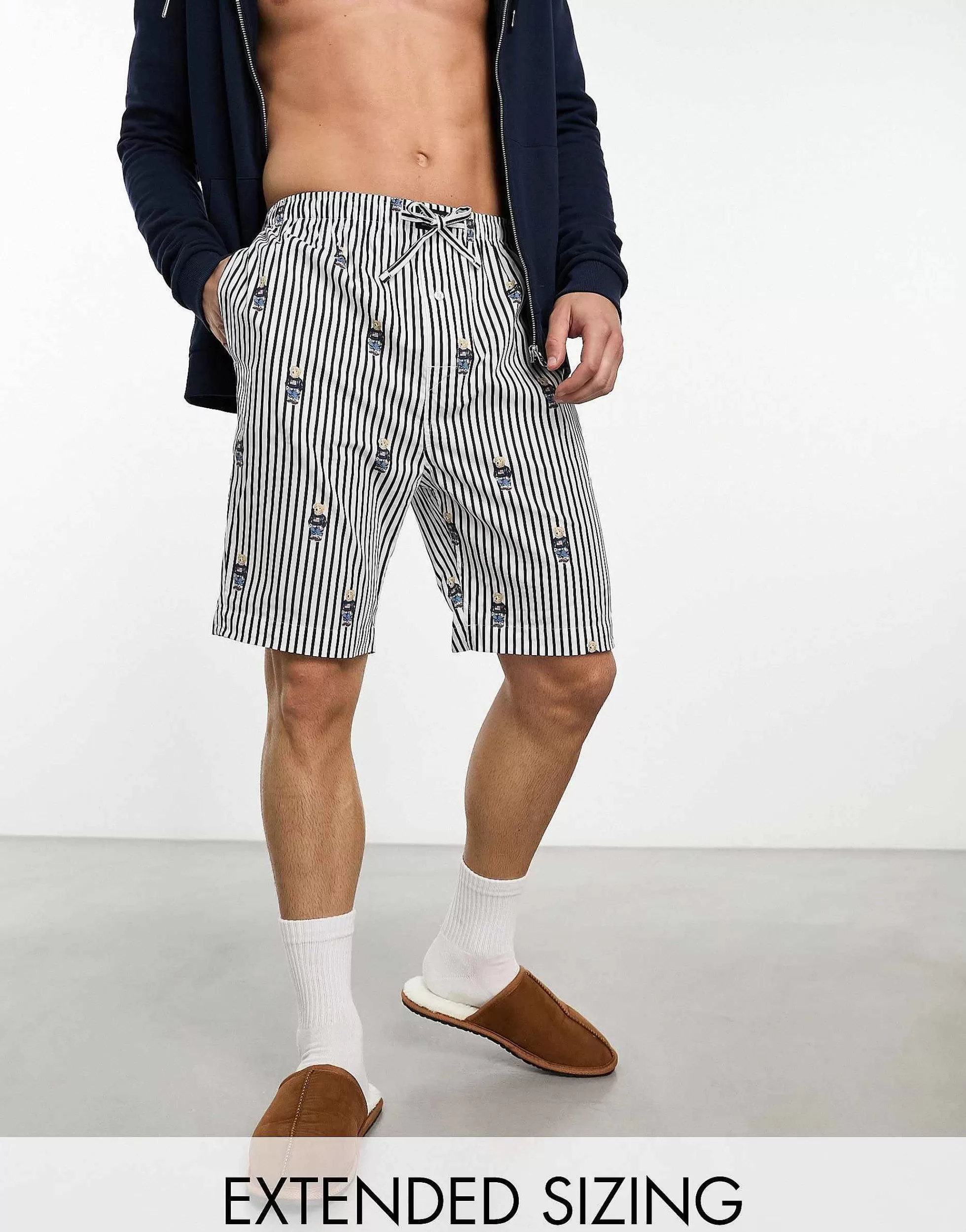 Men Polo Ralph Lauren Lounge Woven Pyjama Shorts In Navy Stripe With All Over Bear Logo