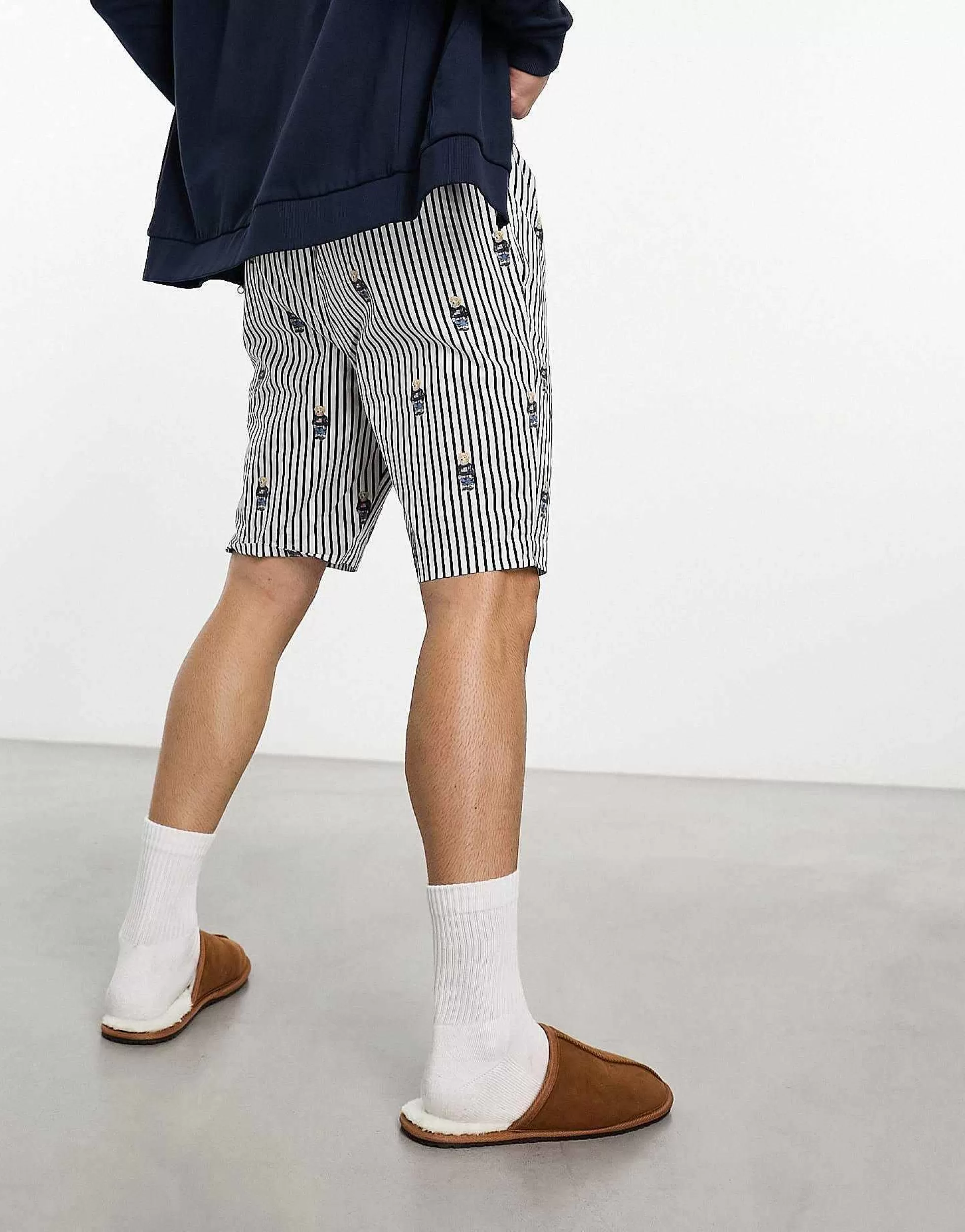 Men Polo Ralph Lauren Lounge Woven Pyjama Shorts In Navy Stripe With All Over Bear Logo
