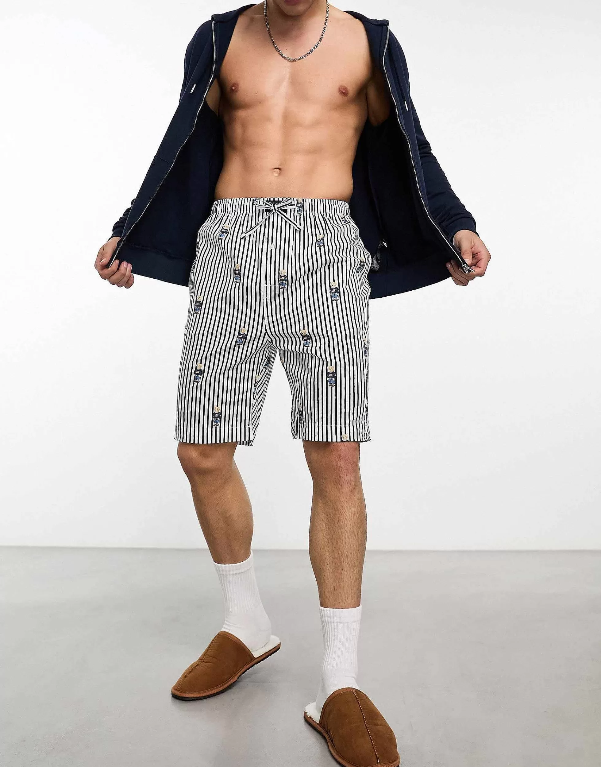 Men Polo Ralph Lauren Lounge Woven Pyjama Shorts In Navy Stripe With All Over Bear Logo