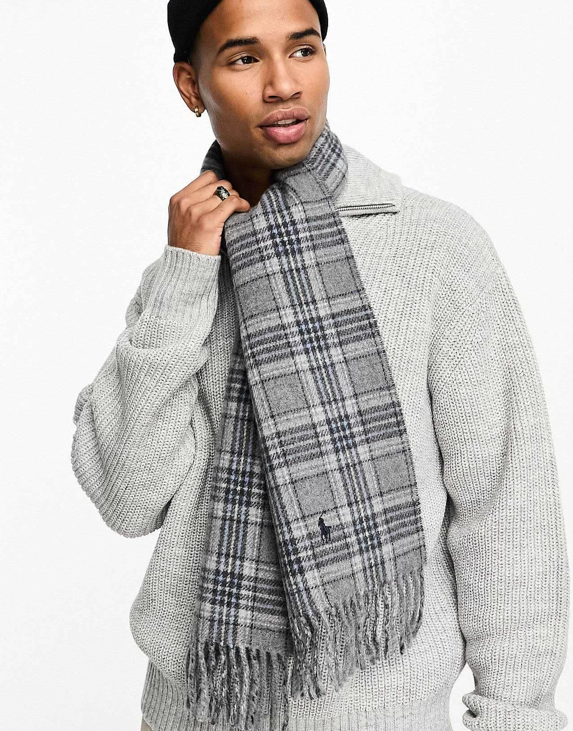 Men Polo Ralph Lauren Wool Scarf In Red Blue Check With Pony Logo