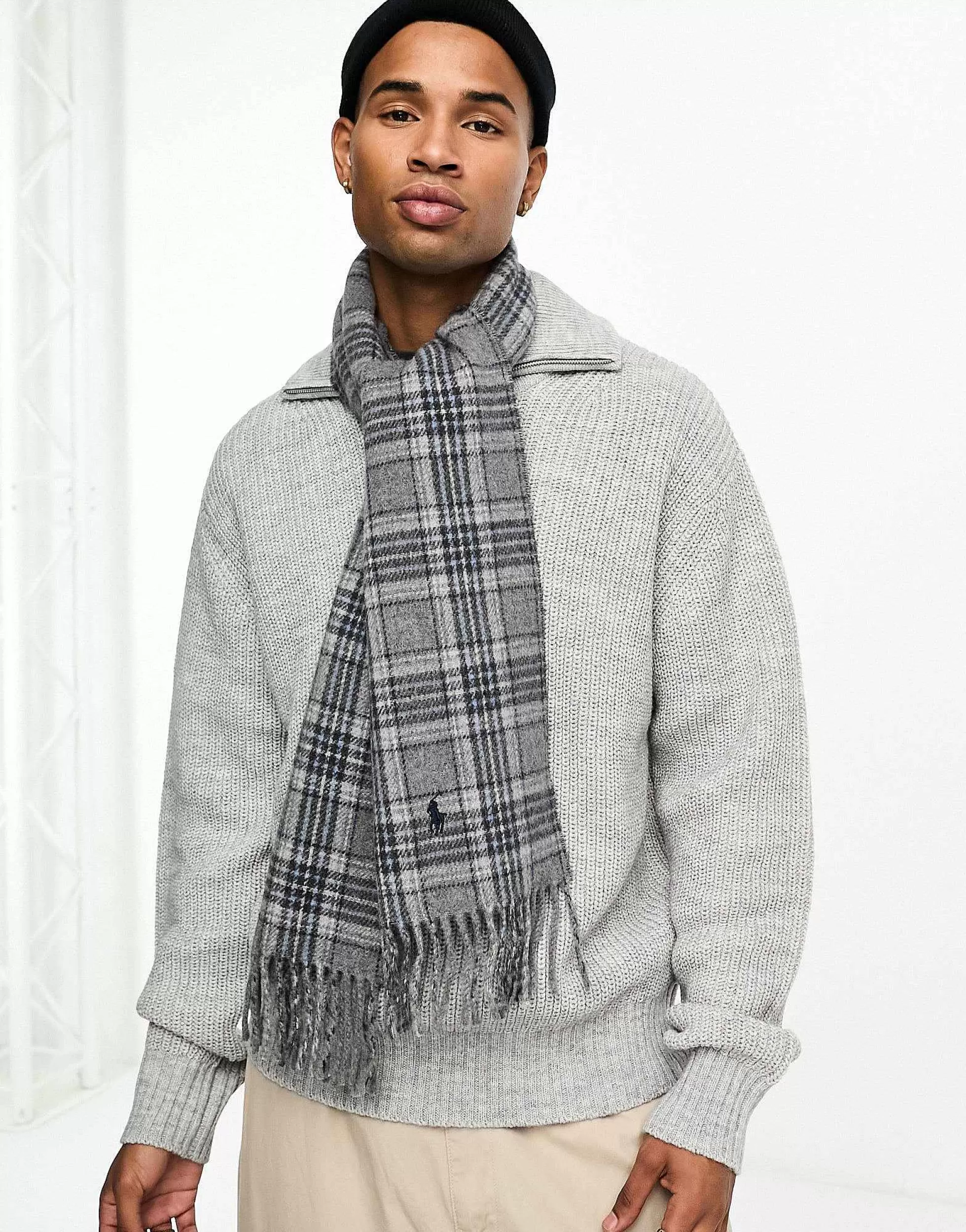Men Polo Ralph Lauren Wool Scarf In Red Blue Check With Pony Logo