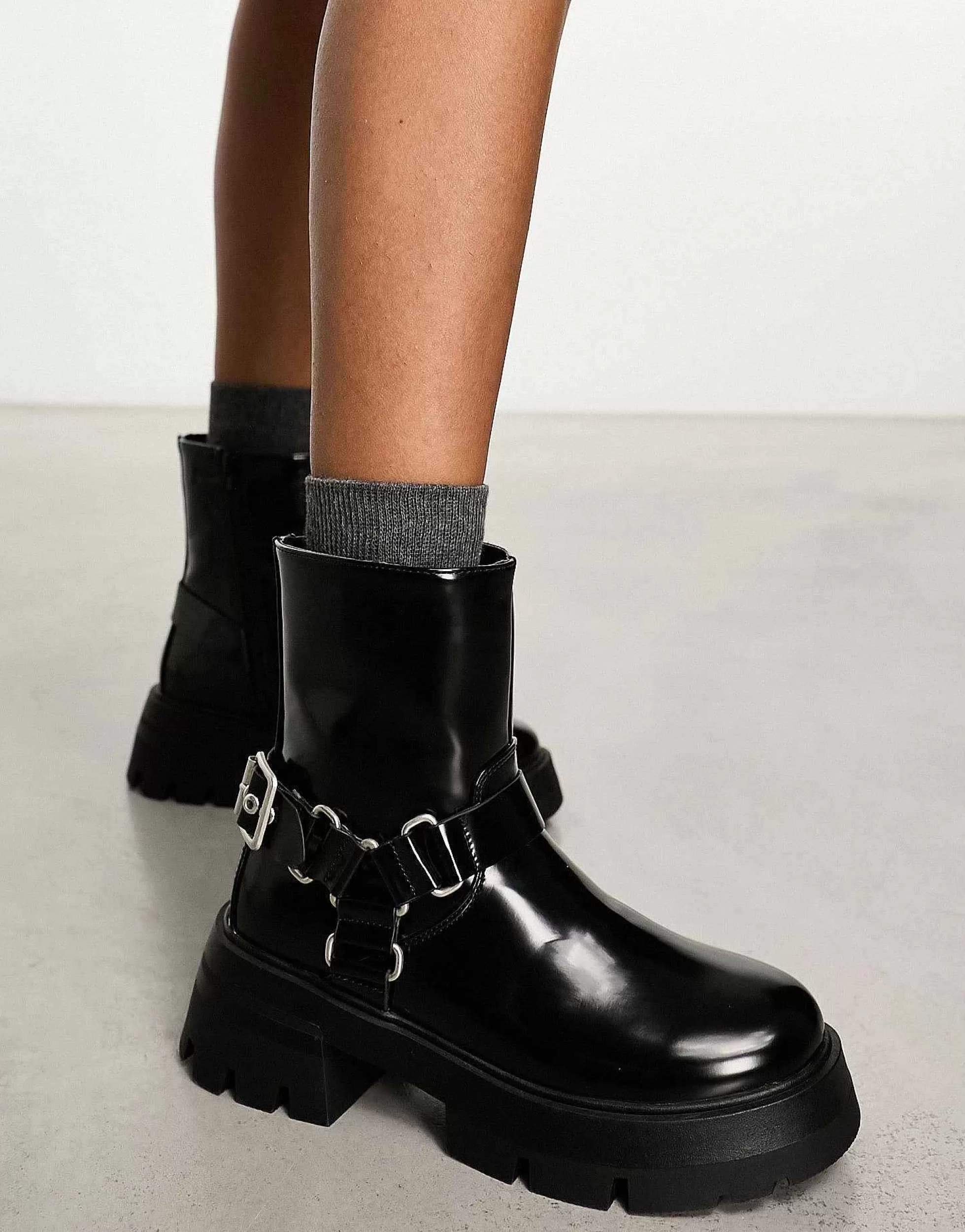 Women Public Desire Wide Fit Blizzard Harness Biker Boots In Black