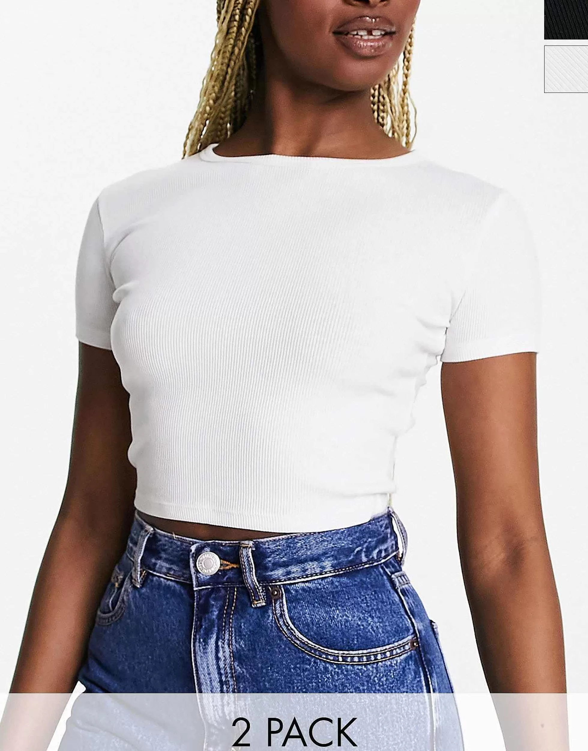 Women Pull&Bear 2 Pack Ribbed Baby Tee In Black