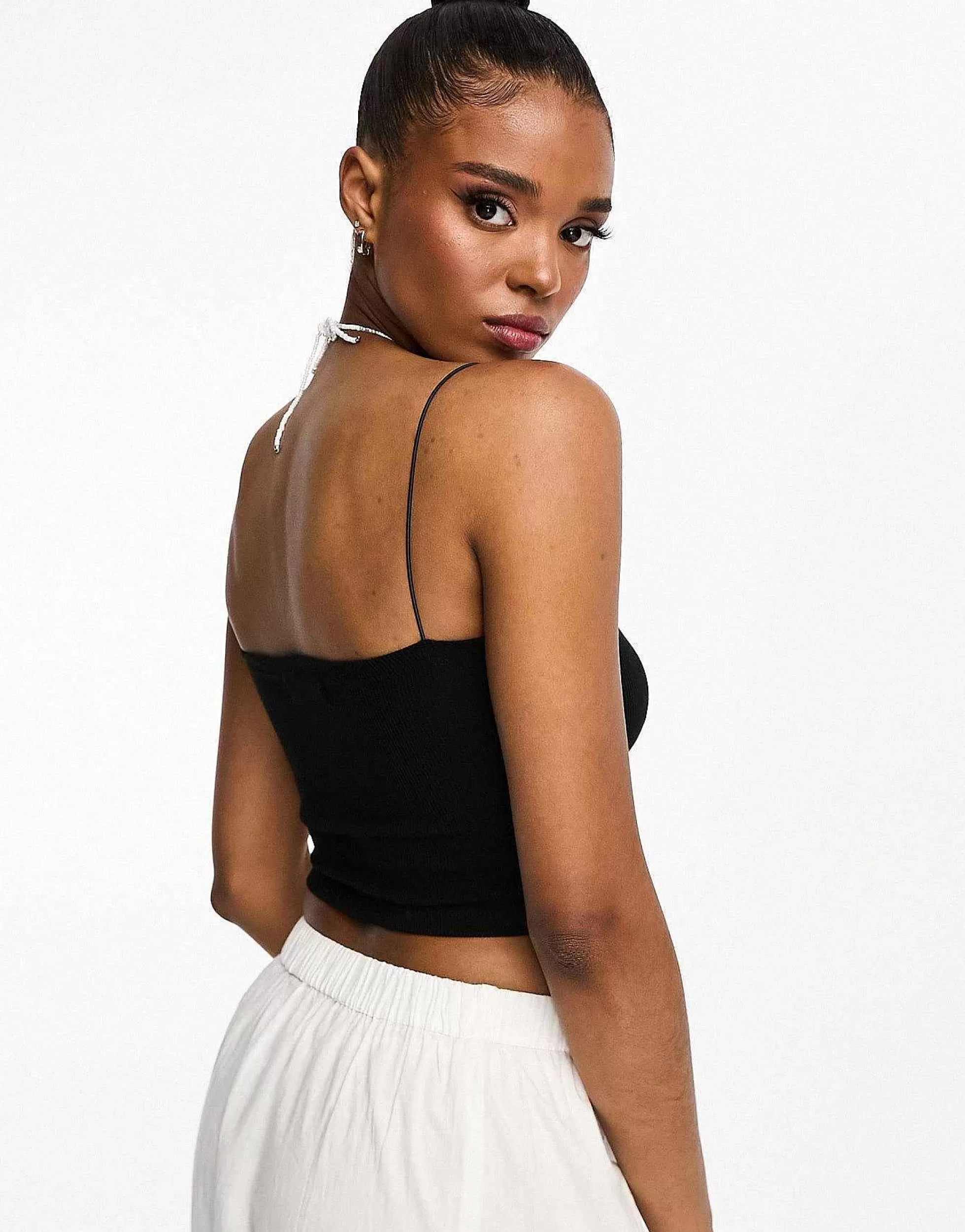 Women Pull&Bear 2 Pack Strappy Ribbed Tube Crop Top In White