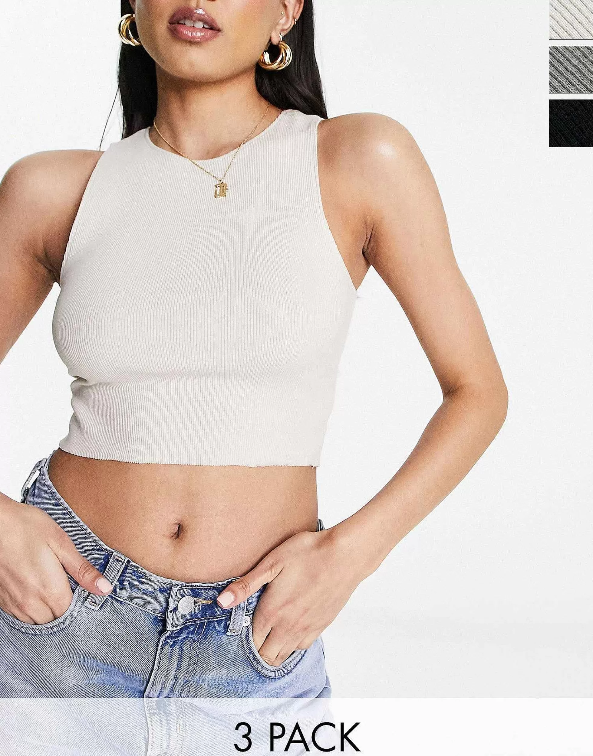 Women Pull&Bear 3 Pack Ribbed Racer Neck Cropped Top Ecru, Khaki