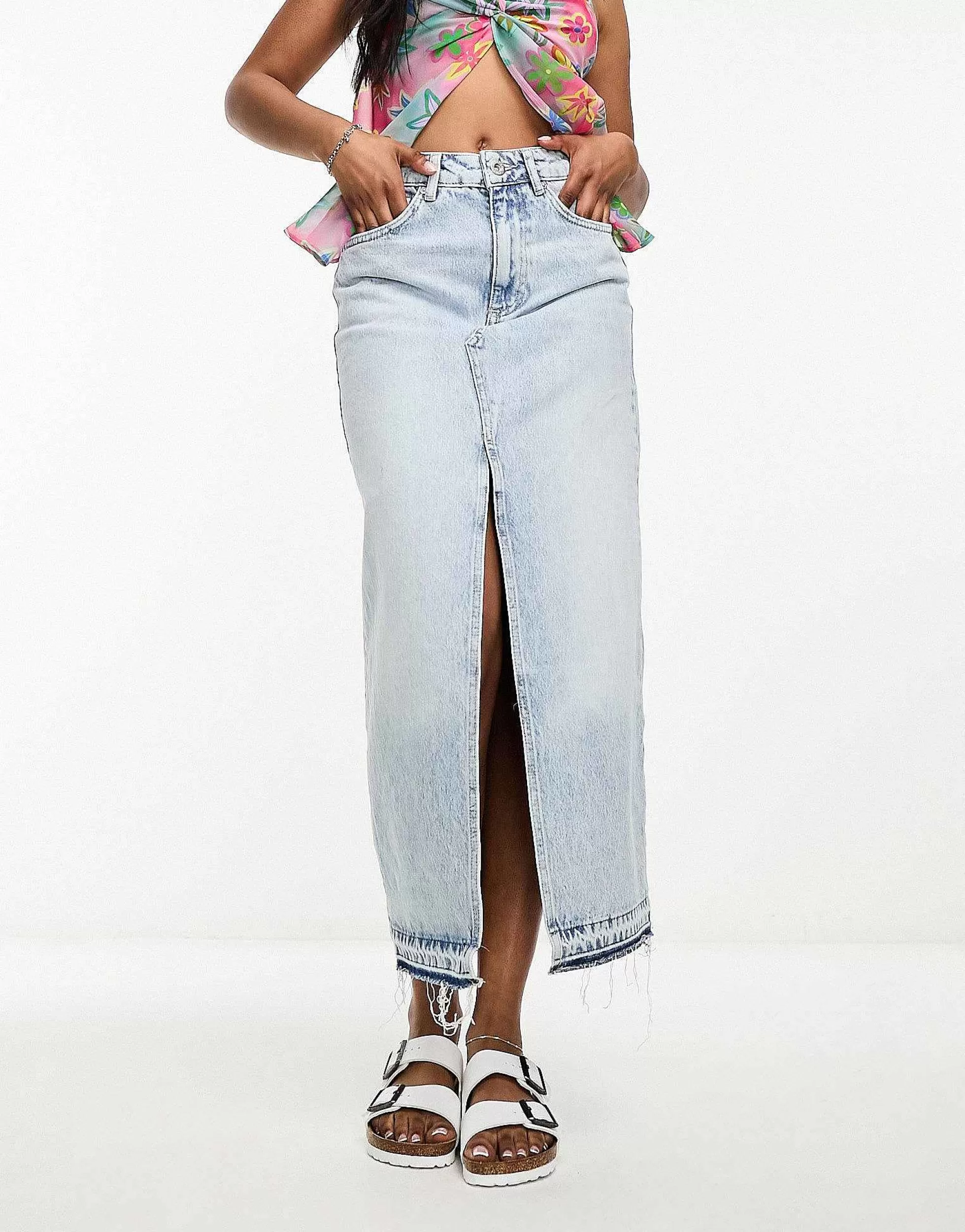 Women Pull&Bear Denim Midi Skirt With Split Front In Bleached Wash