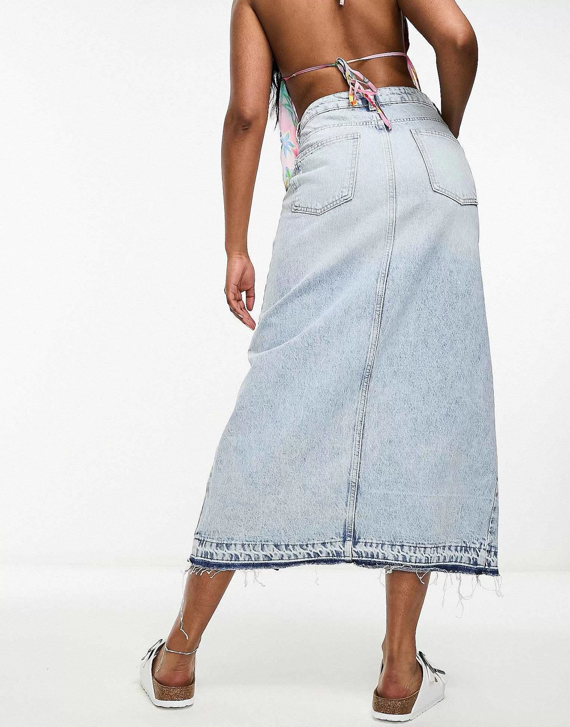 Women Pull&Bear Denim Midi Skirt With Split Front In Bleached Wash