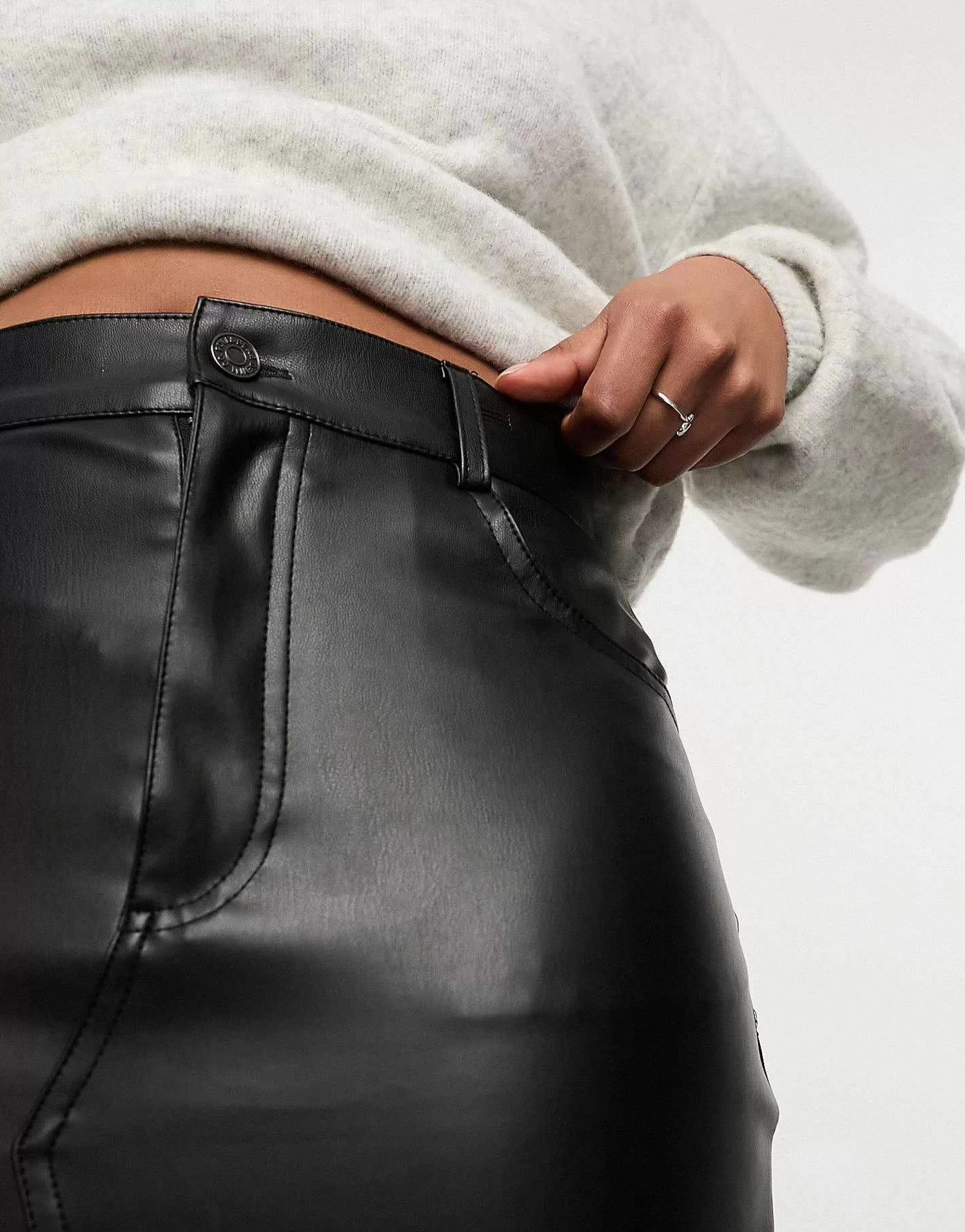 Women Pull&Bear Faux Leather Split Front Midi Skirt In