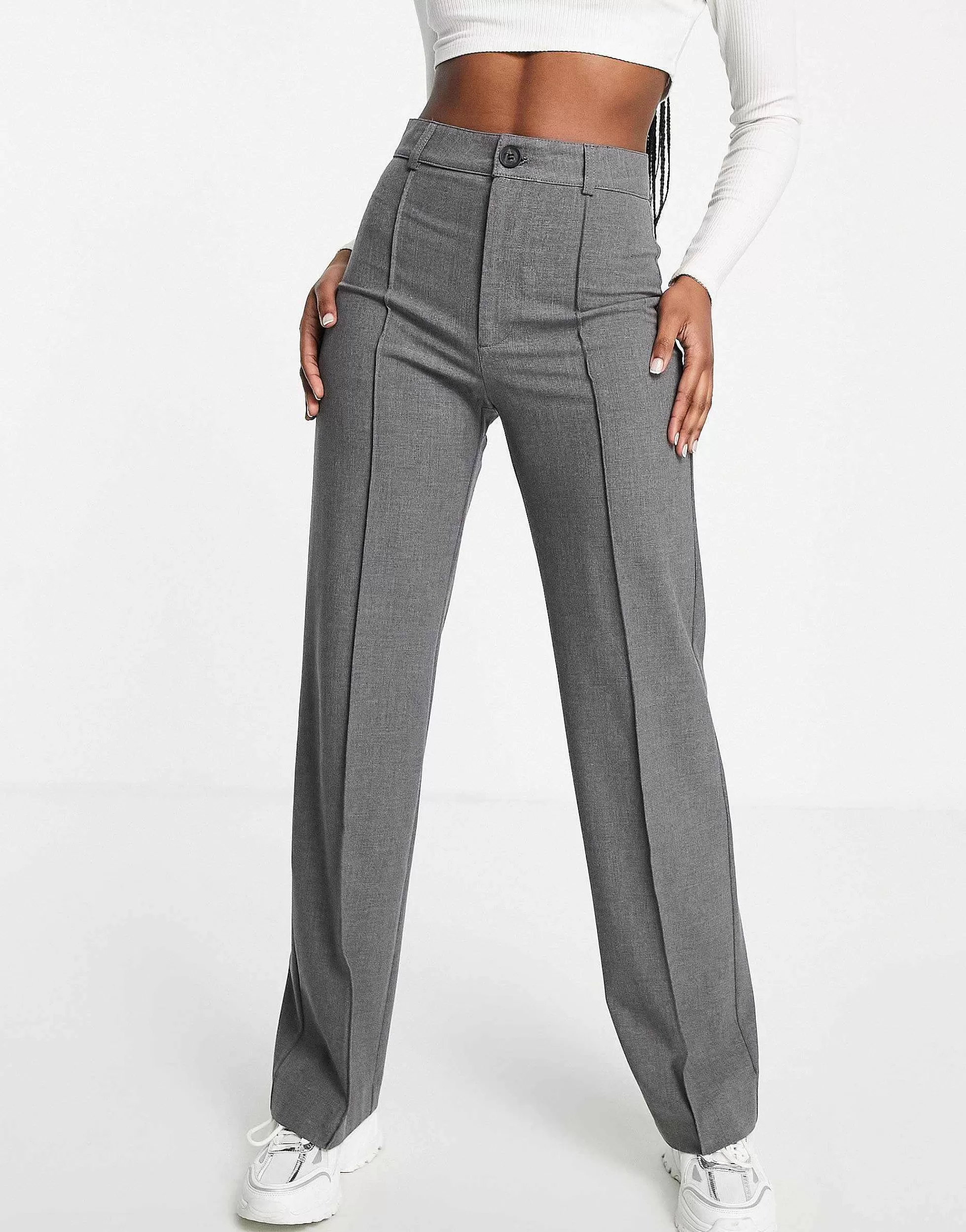 Women Pull&Bear High Waisted Seam Front Tailored Straight Leg Trouser In