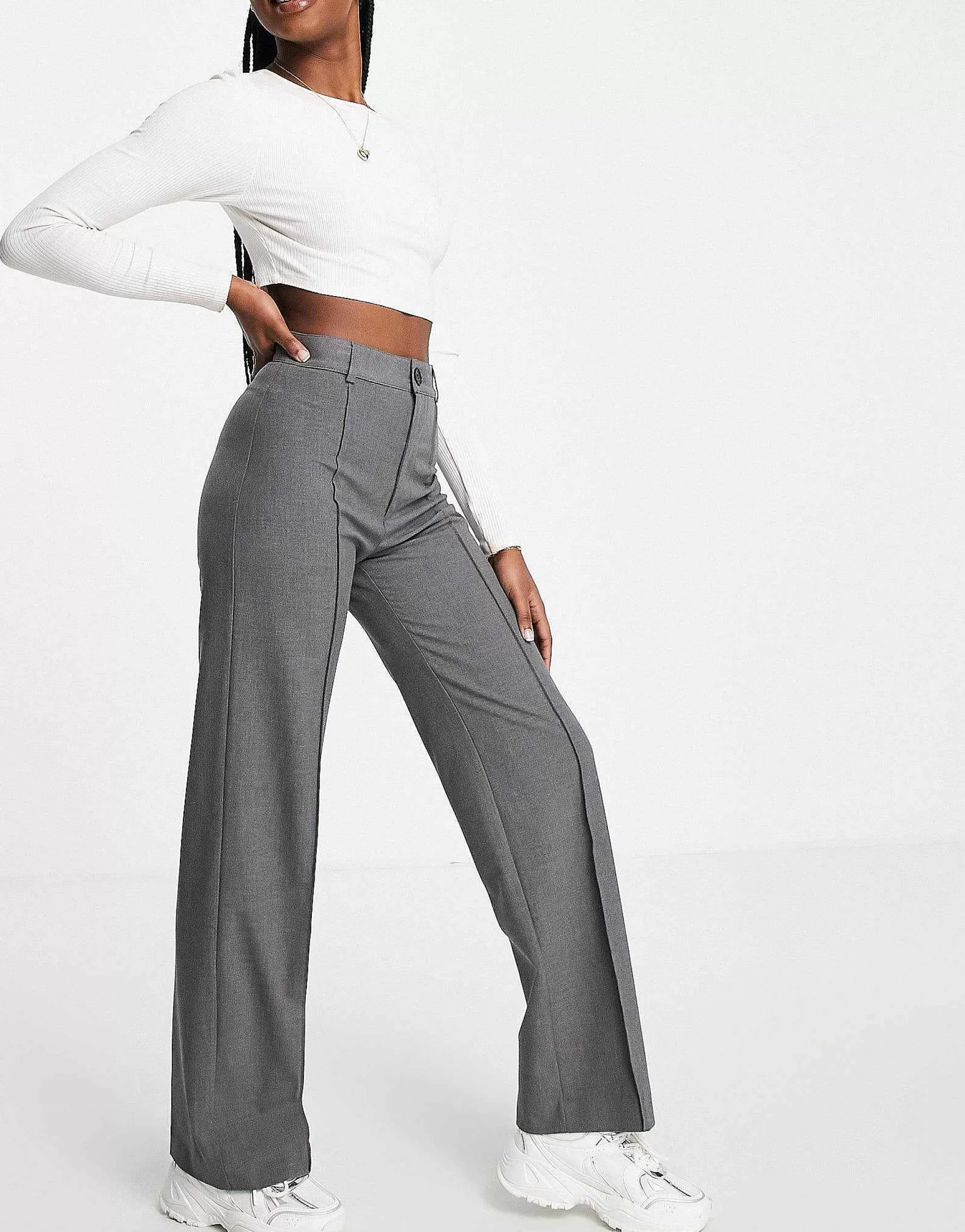 Women Pull&Bear High Waisted Seam Front Tailored Straight Leg Trouser In