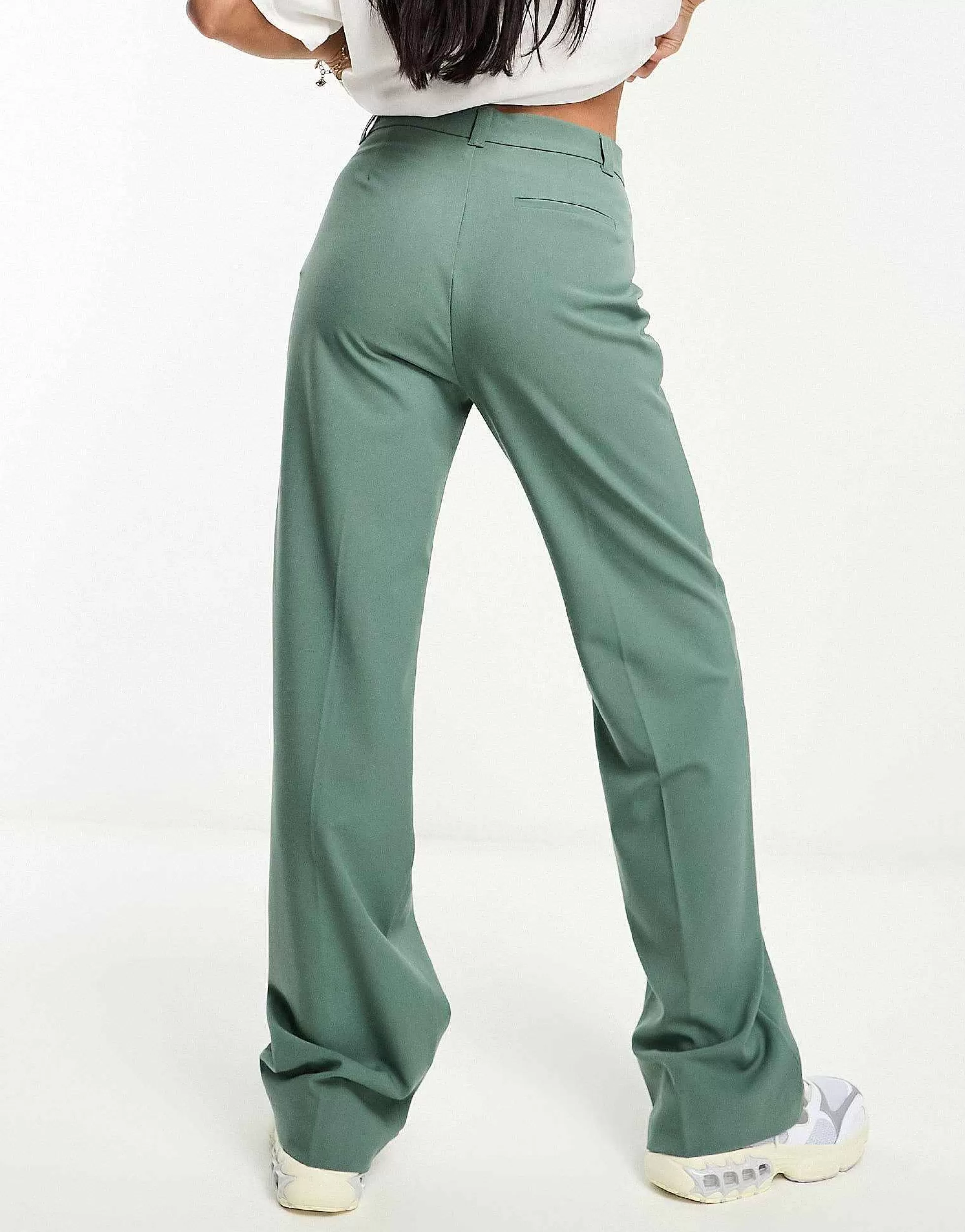 Women Pull&Bear High Waisted Tailored Straight Leg Trouser In Dark