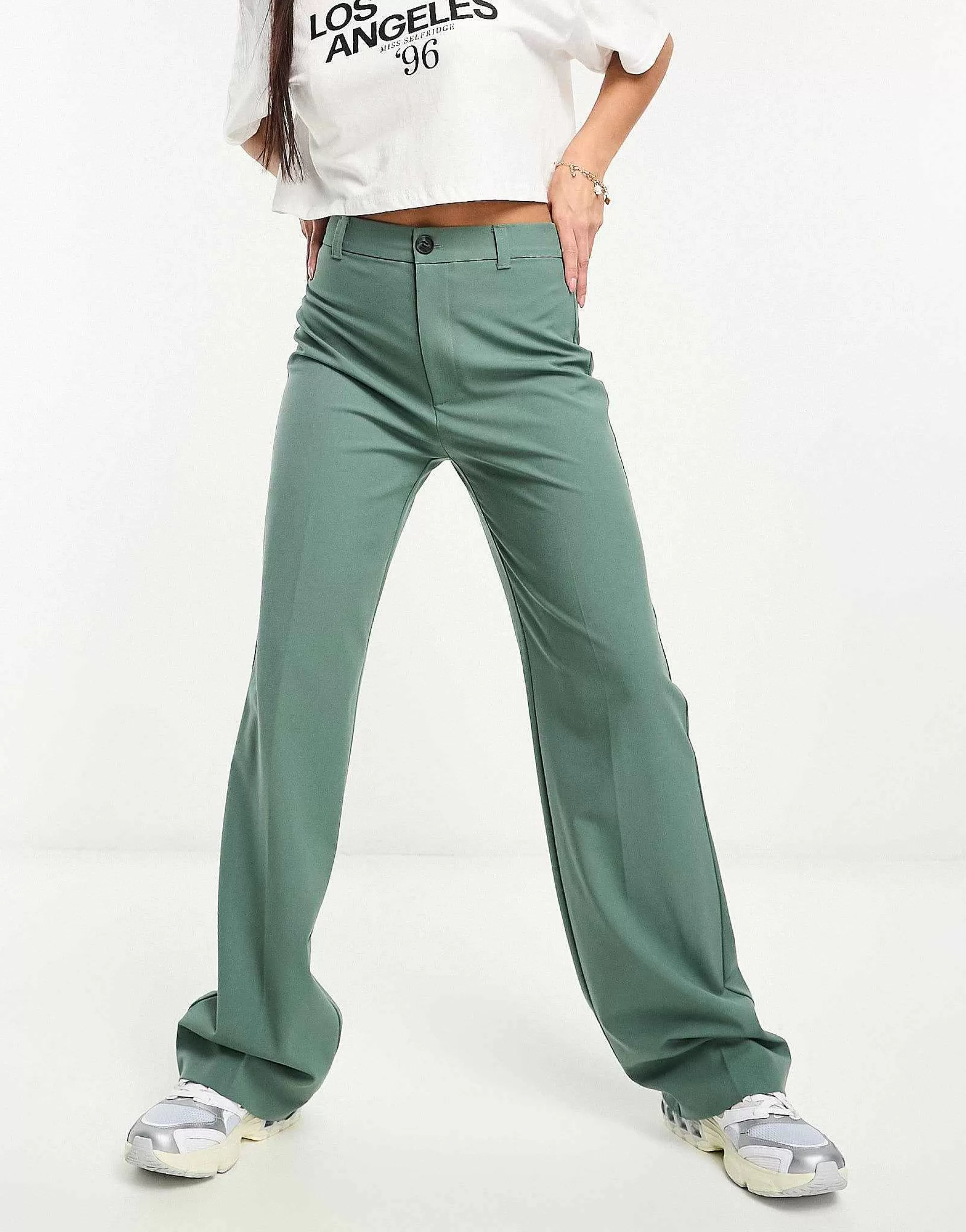 Women Pull&Bear High Waisted Tailored Straight Leg Trouser In Dark