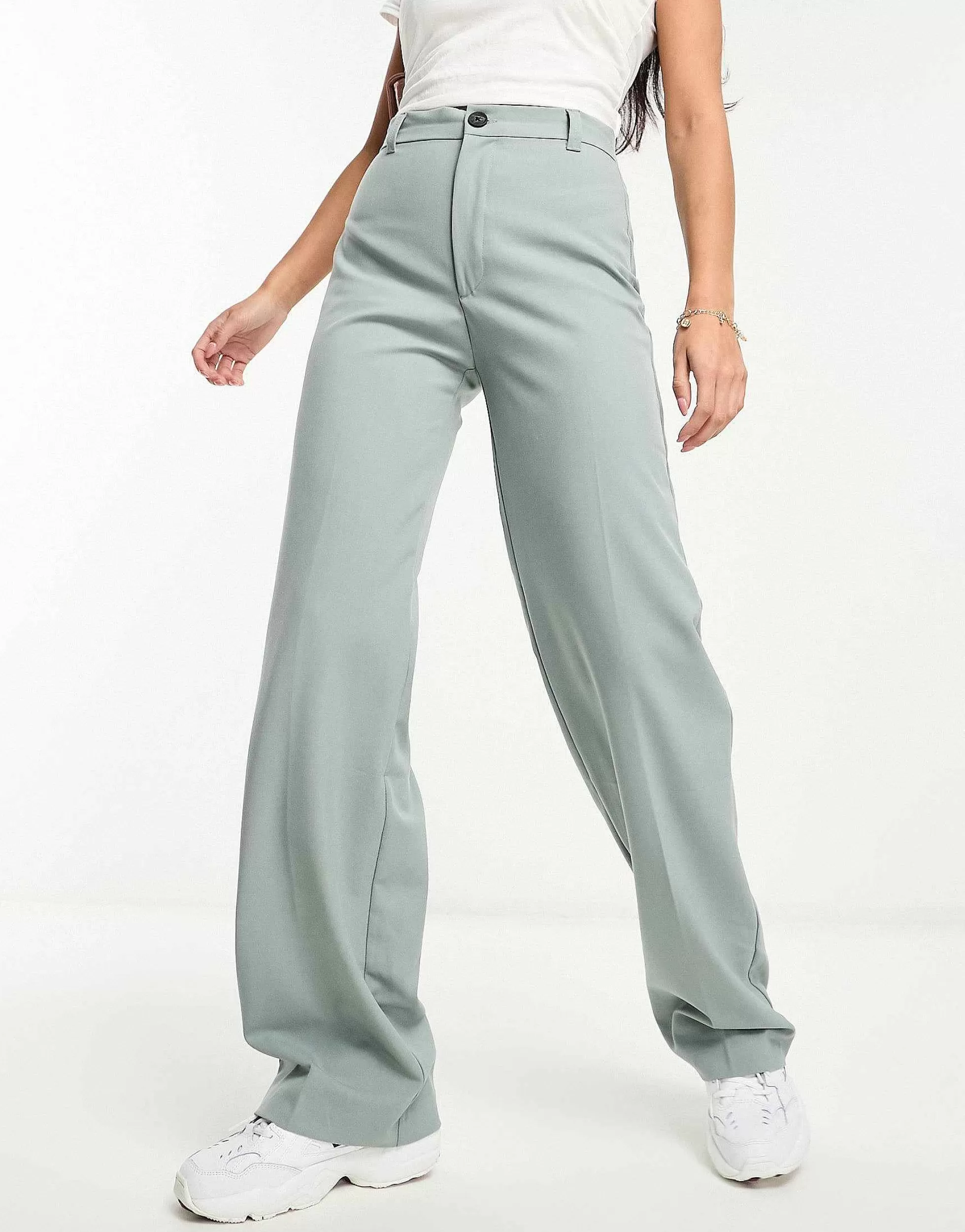 Women Pull&Bear High Waisted Tailored Straight Leg Trouser In Pale Blue