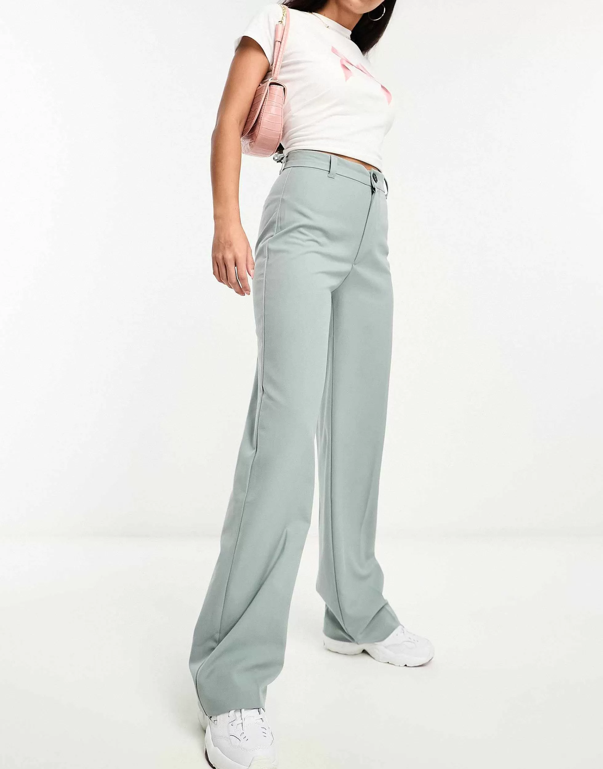 Women Pull&Bear High Waisted Tailored Straight Leg Trouser In Pale Blue