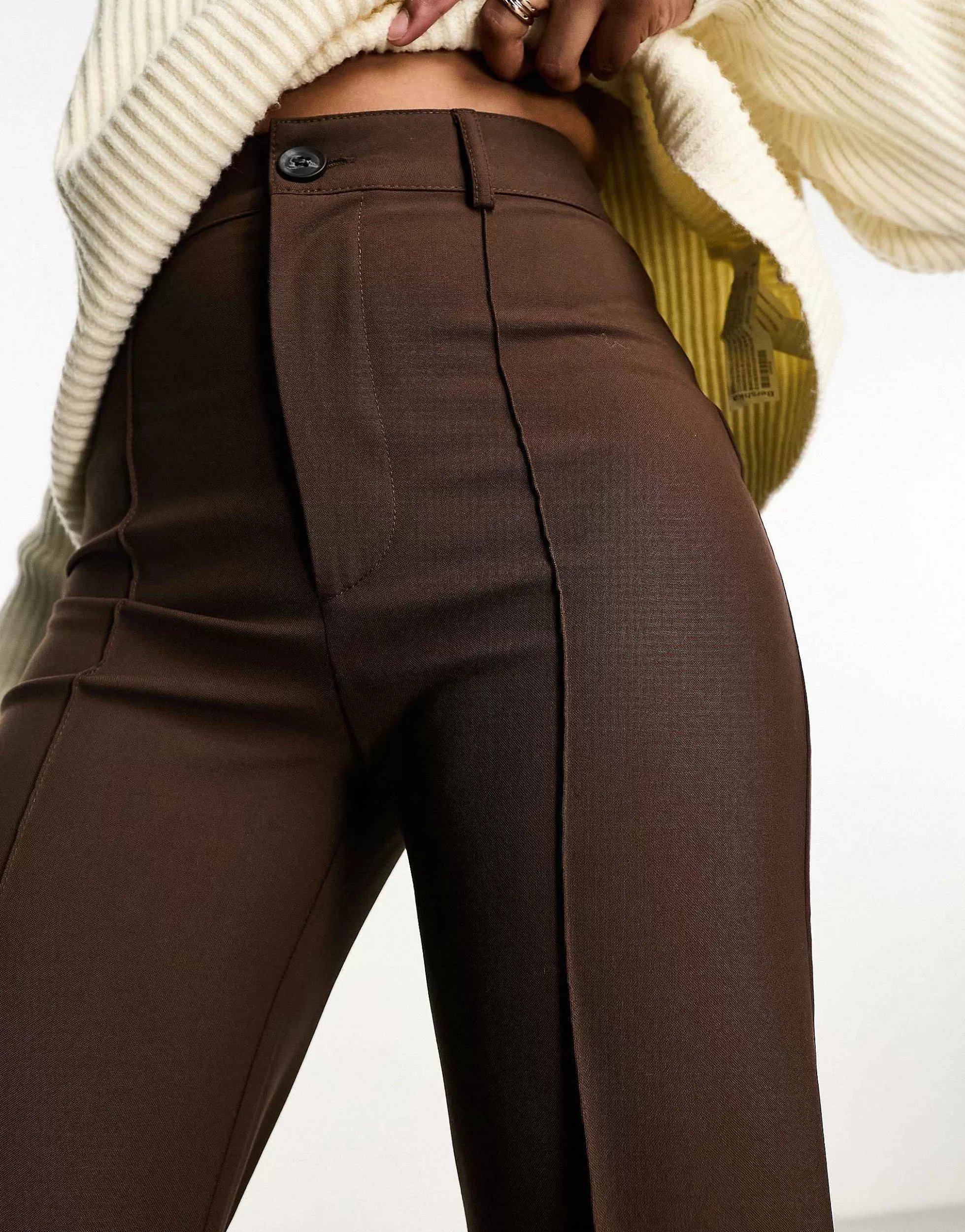 Women Pull&Bear High Waisted Tailored Straight Leg Trouser With Front Seam In Chocolate