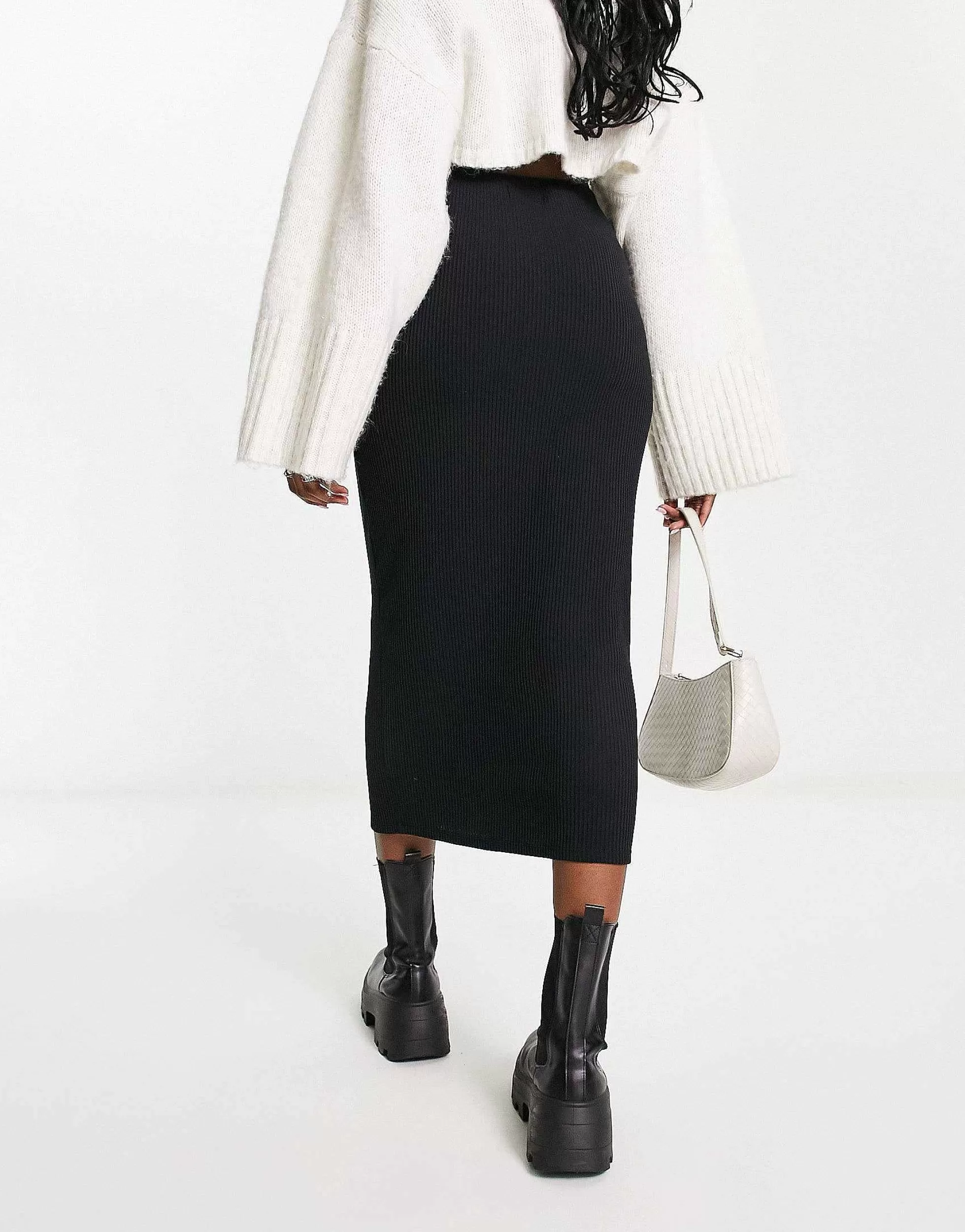 Women Pull&Bear Ribbed Midaxi Skirt In