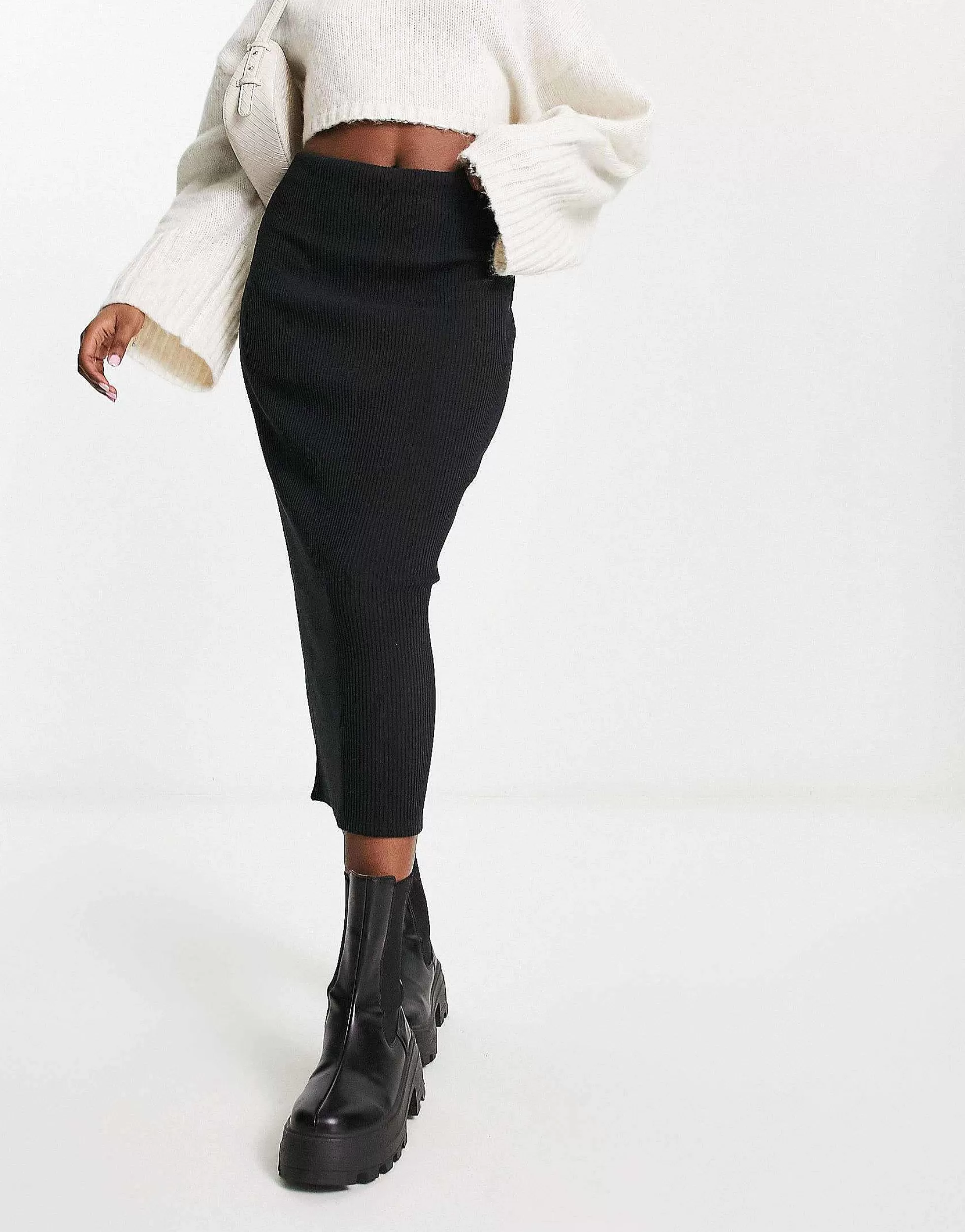 Women Pull&Bear Ribbed Midaxi Skirt In