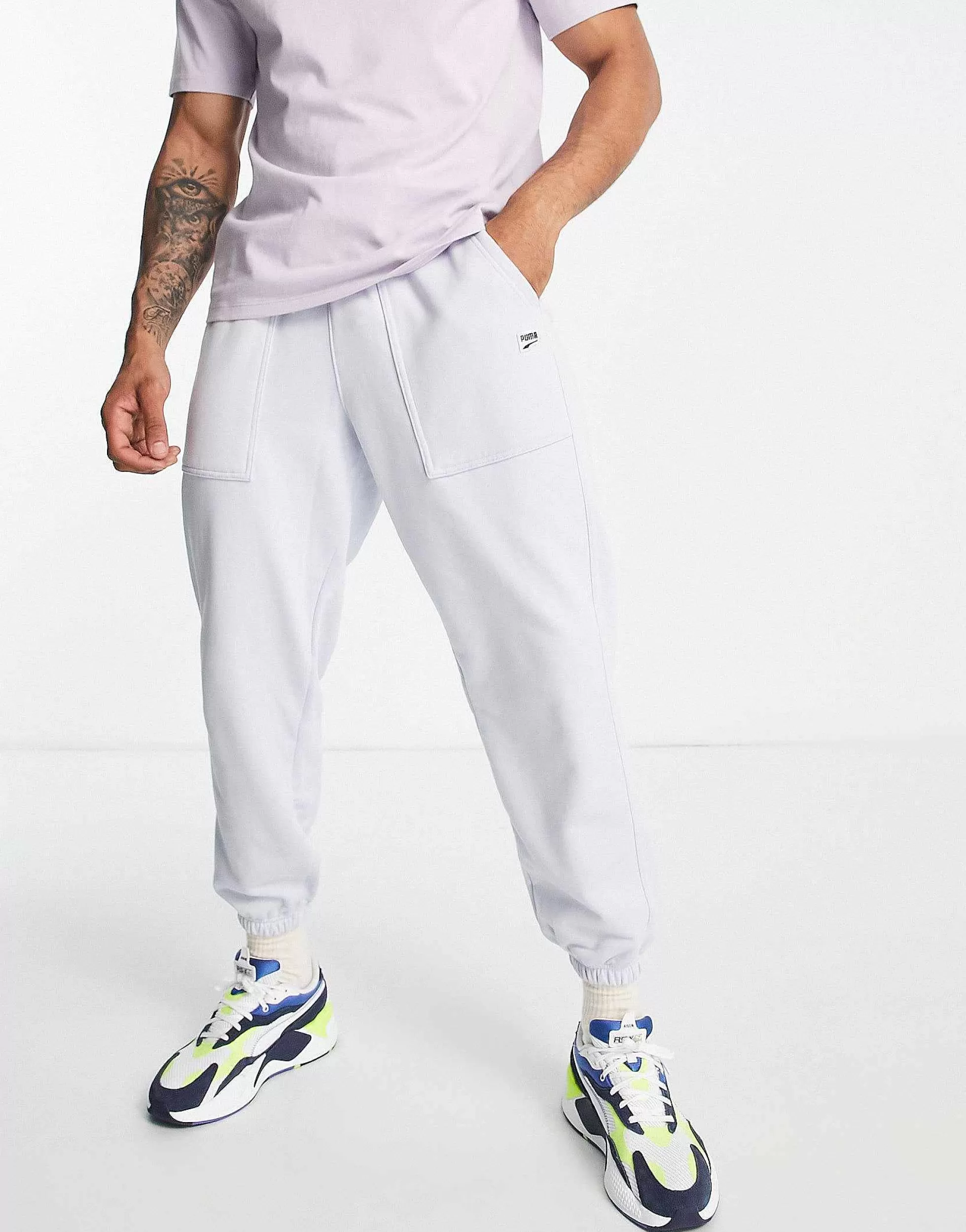 Men Puma Downtown Joggers With Checkerboard Pocket In Pale Blue