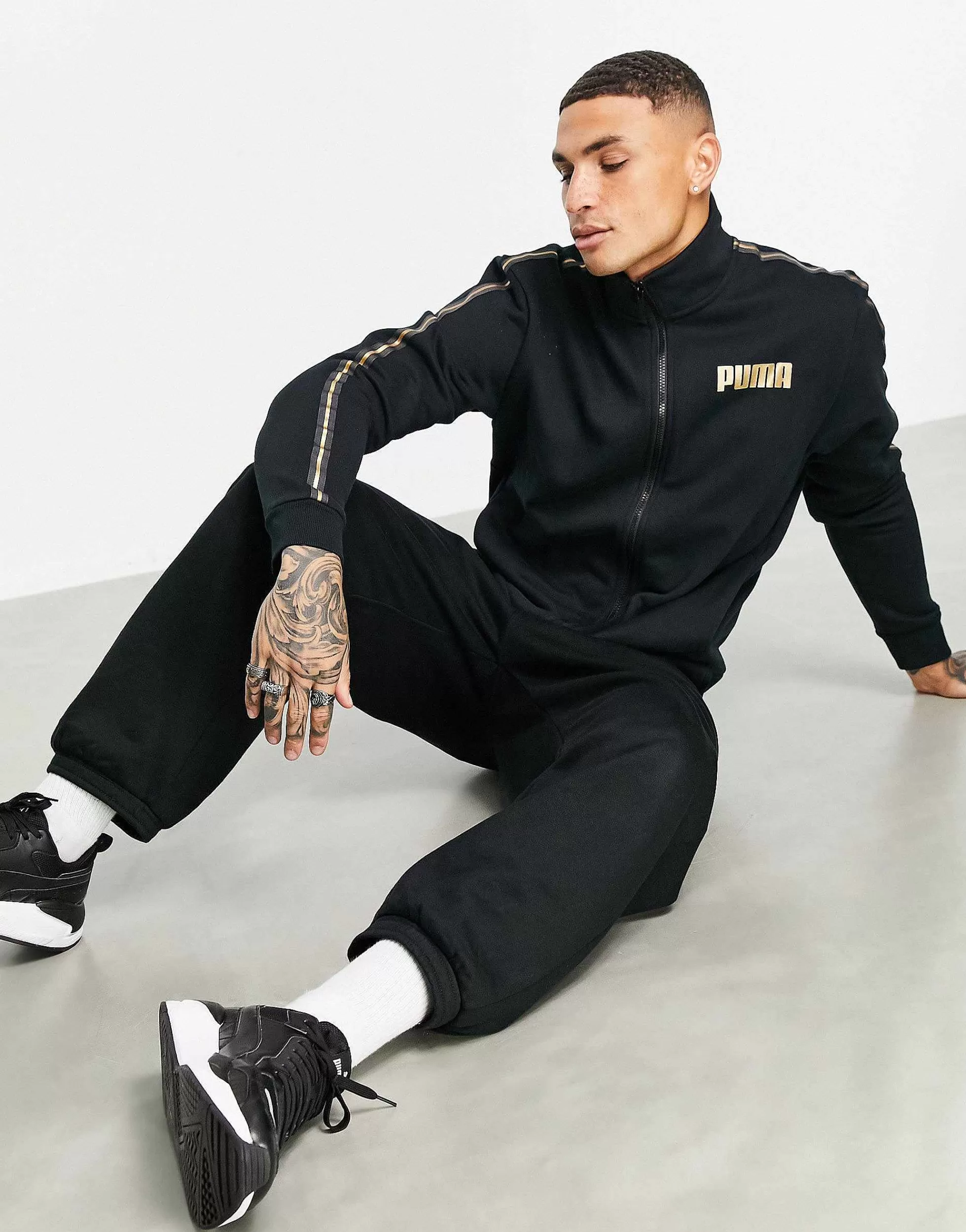 Men Puma Track Jacket In Black With Gold Taping