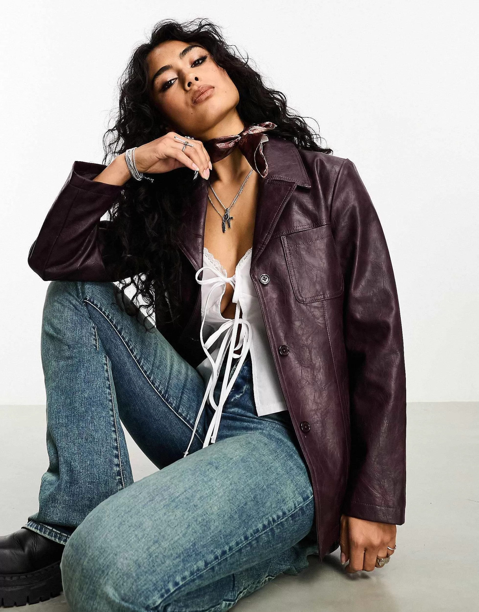 Women Reclaimed Vintage 90'S Distressed Faux Leather Blazer Coat In