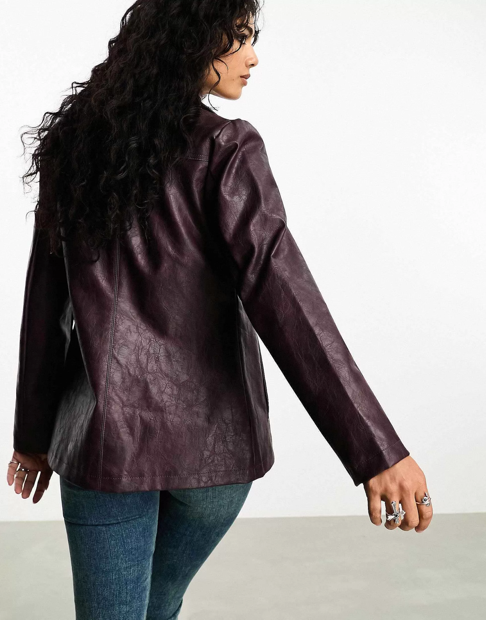 Women Reclaimed Vintage 90'S Distressed Faux Leather Blazer Coat In