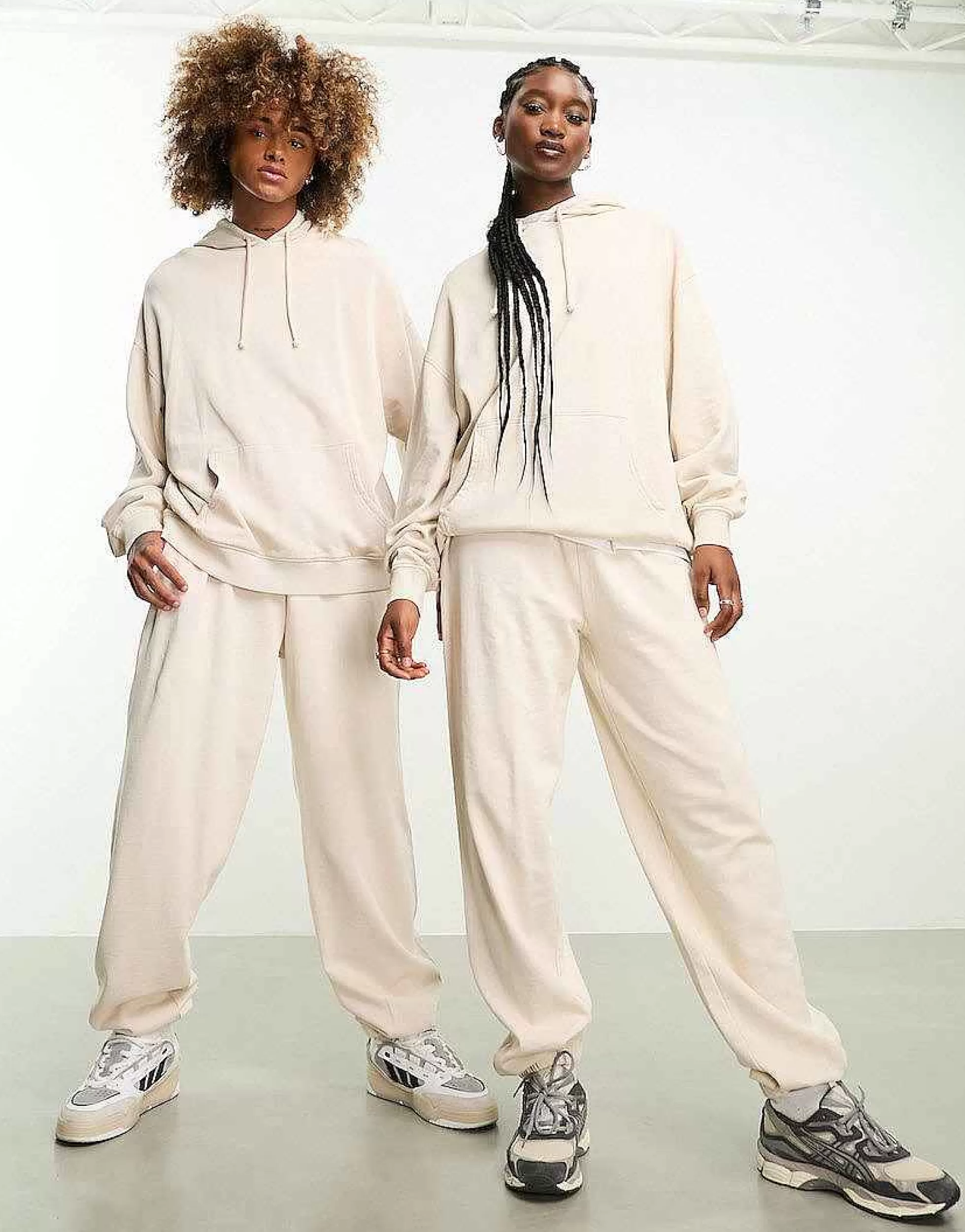 Women Reclaimed Vintage Unisex Hoodie Co-Ord In Washed Stone - Ivory